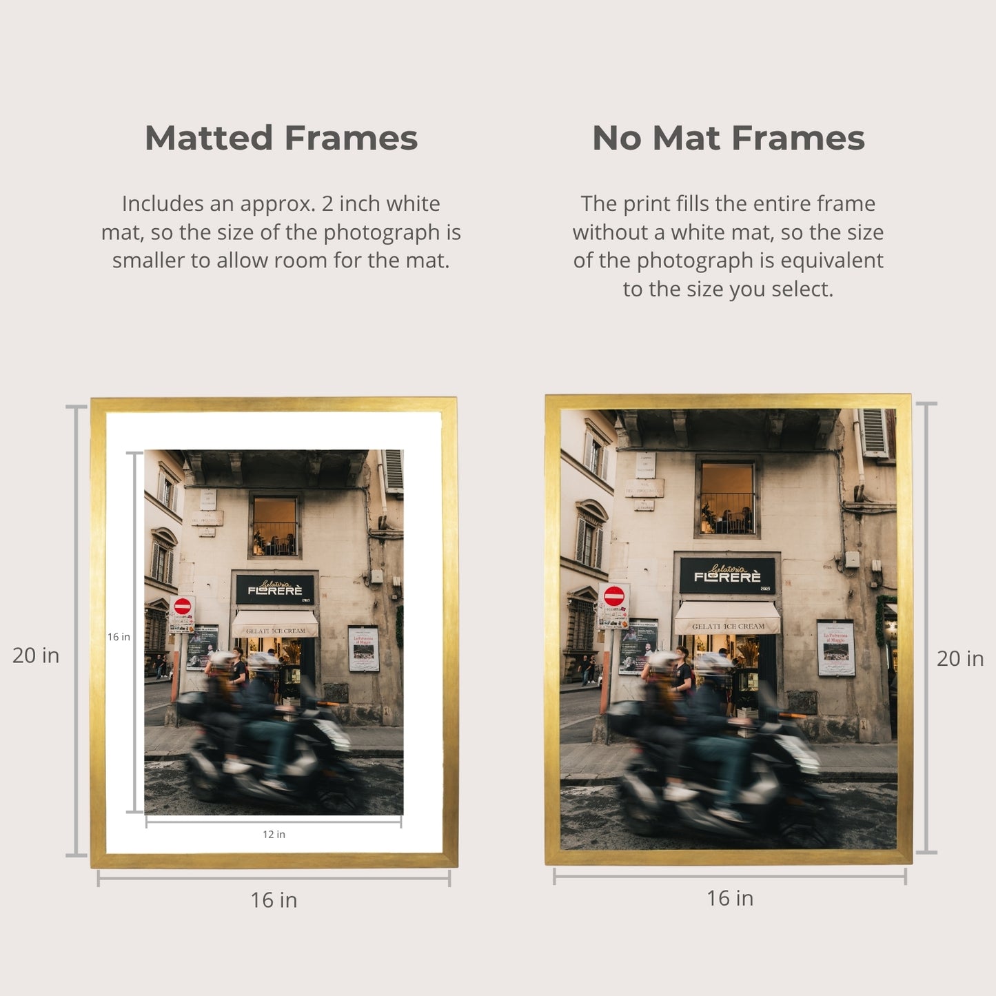 The image is a comparison between two different framed photographs. The first frame is a matte frame, and the second frame is a no-mat frame. The text provides information about the size of the photographs and the frame sizes, with the first frame being approximately 2 inches wide and the second frame being approximately 20 inches wide.