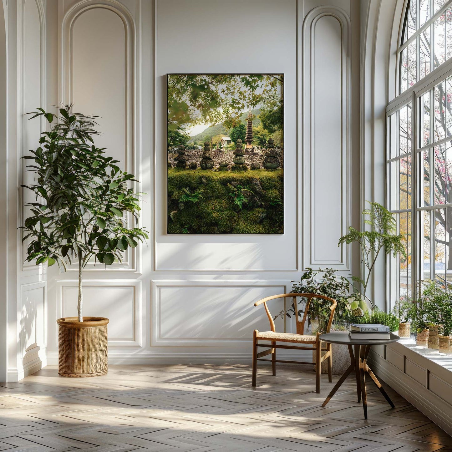 A bright room with a large window, wooden chair, potted plants, and an Adashino Nenbutsu-ji painting on the wall.