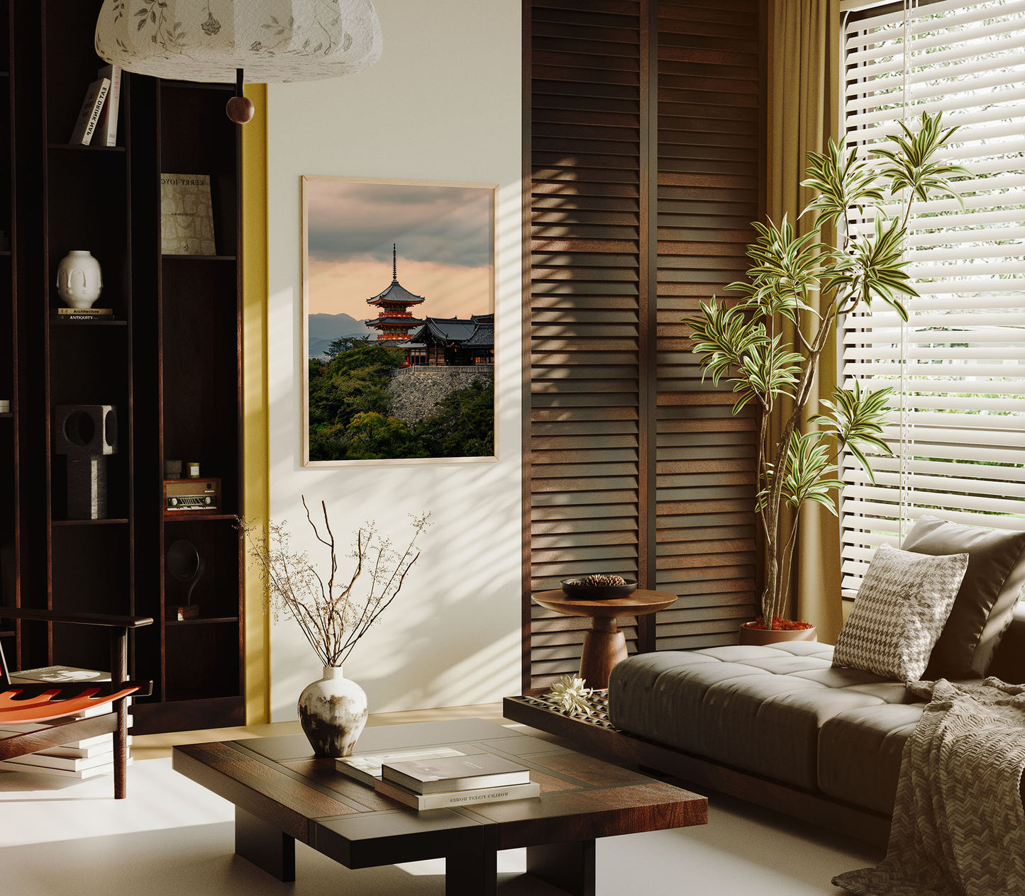 A sunlit living room with wooden decor, potted plants, and the "Kiyomizu-dera Sunset I" photo framed on the wall.