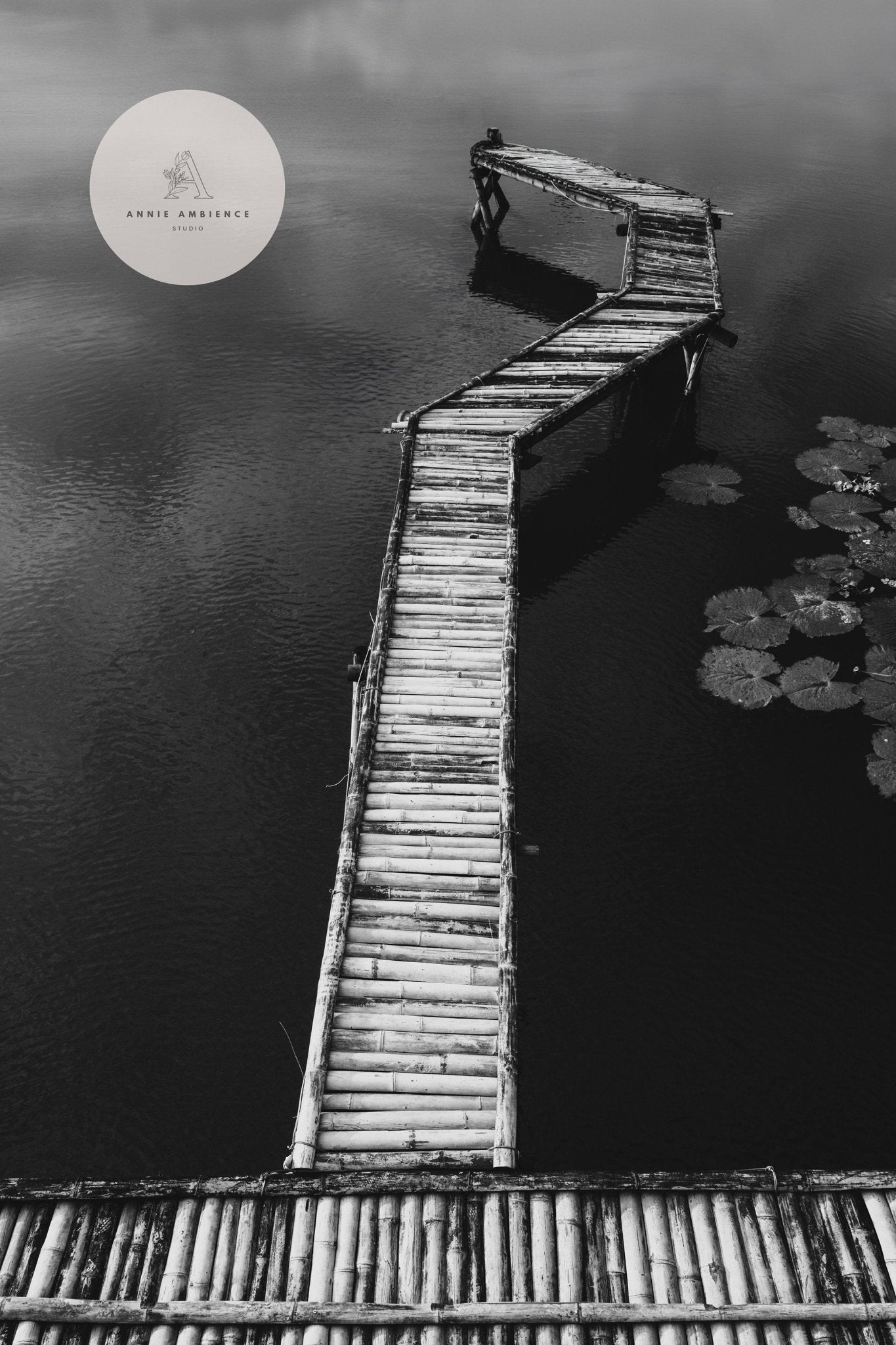 Black and white photo of the Bamboo Dock over calm water with lily pads.