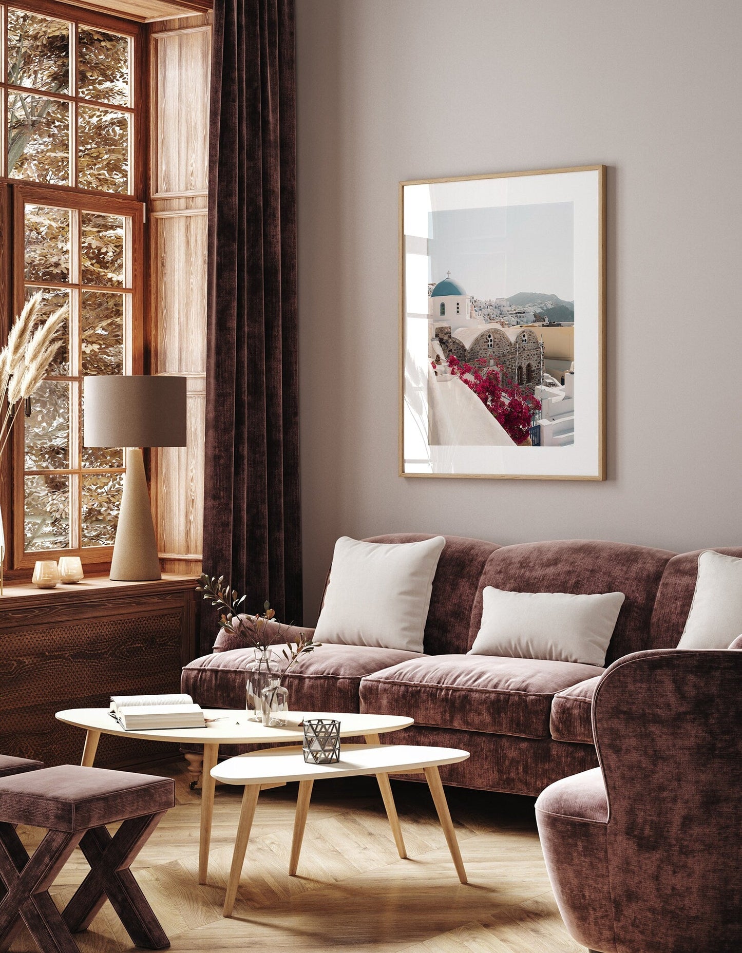 Cozy Blue Dome living room: brown furniture, white cushions, framed picture, large window with curtains.