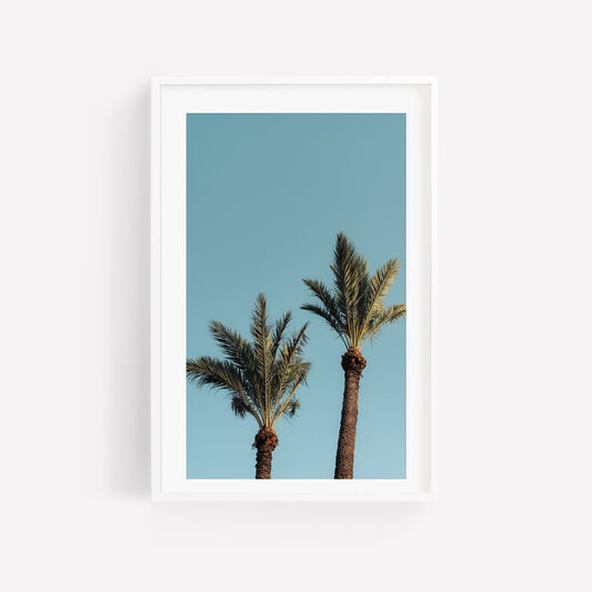 Framed photo titled Blue Sky Palm featuring two palm trees under a clear blue sky.