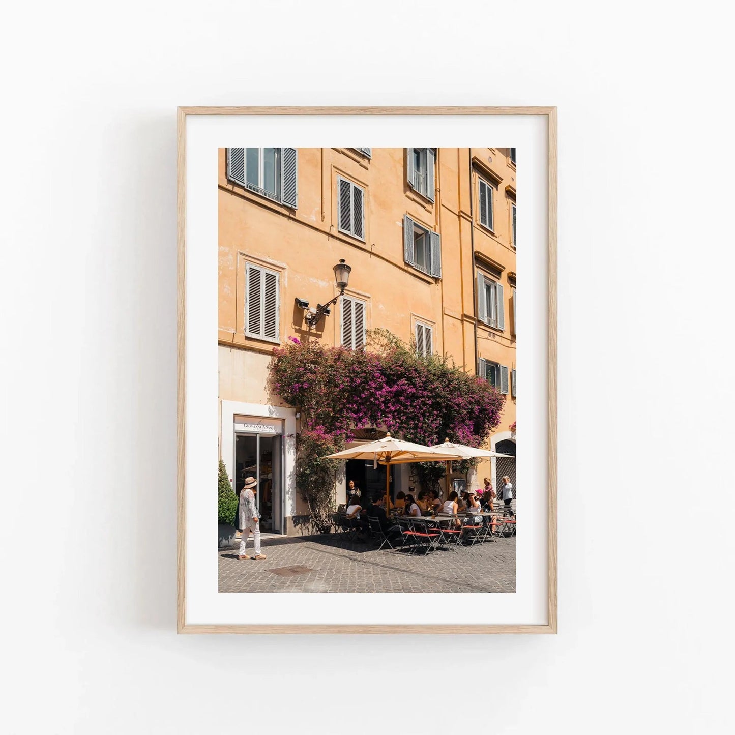 Set of 3 photos titled "Bright Day in Italy," featuring a sidewalk café, tan building, and purple flowers.