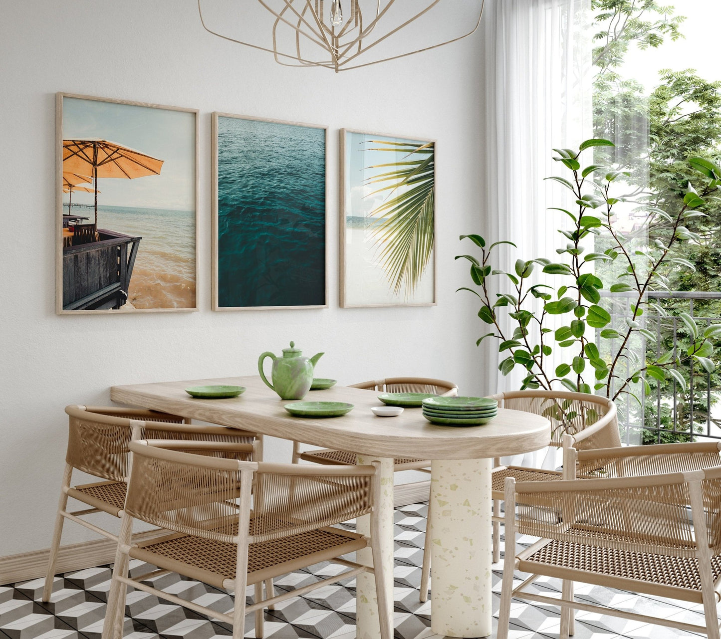 A modern dining room with a wooden table, wicker chairs, green tea set, Bright Shores - Set of 3 art, and large plants.