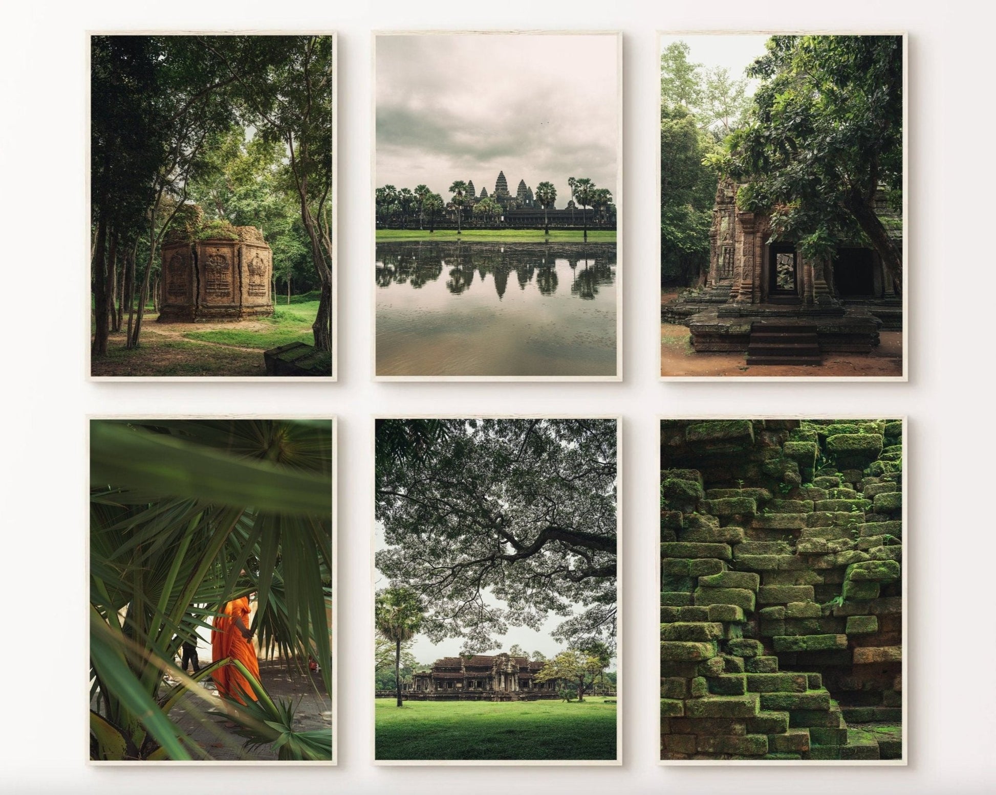 Cambodian Lush - Set of 6: Temples, a monk, stone steps, lush greenery of Angkor Wat.