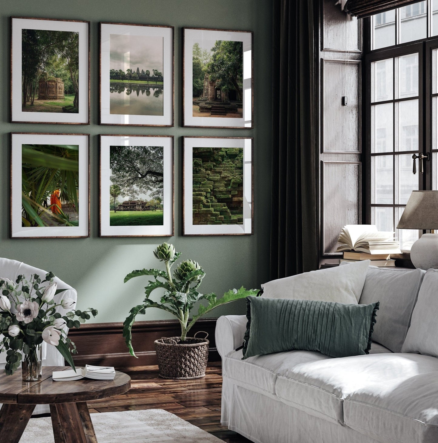 Bright living room with white furniture, green accents, plants, and Cambodian Lush - Set of 6 nature-themed photos.