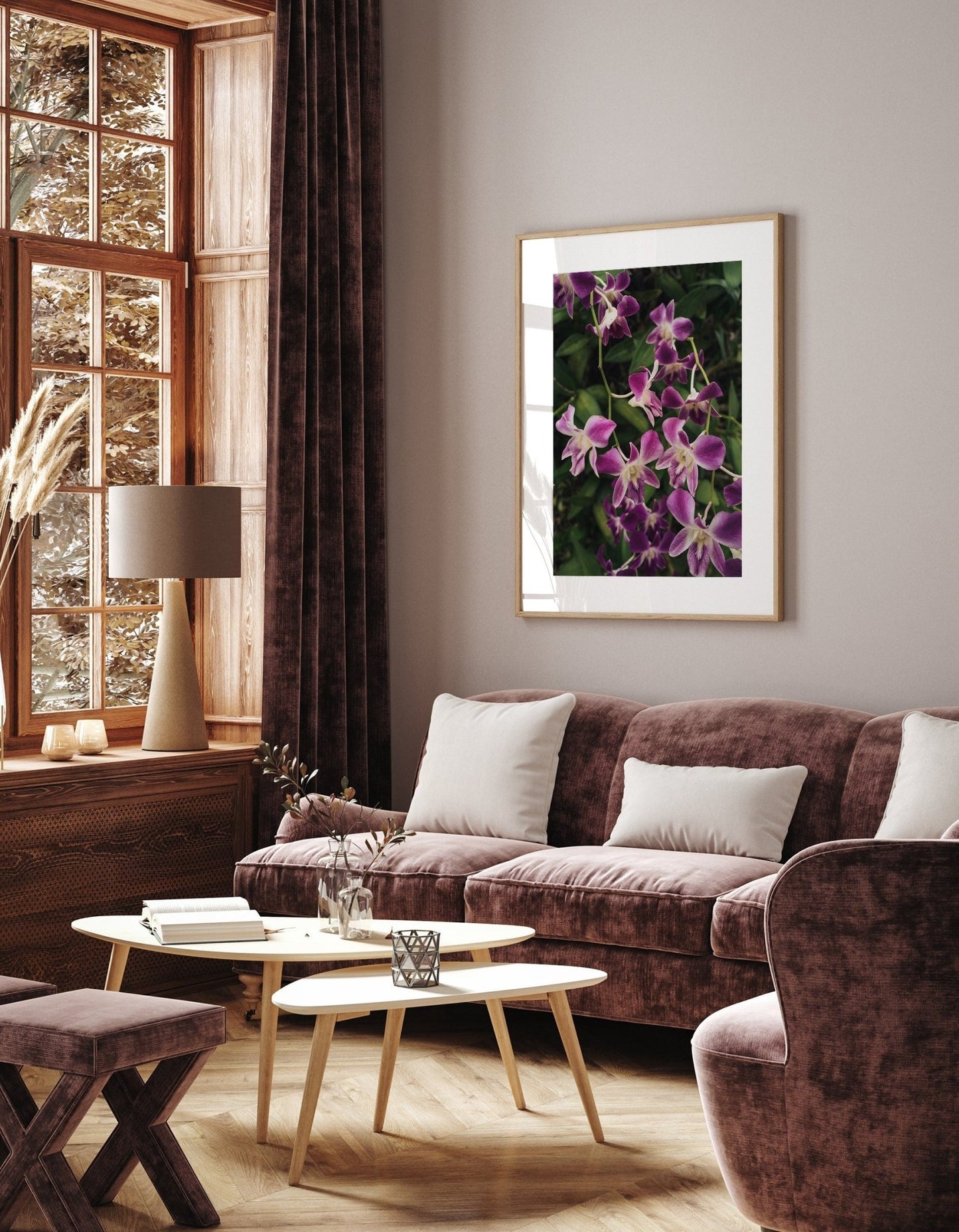 Cozy living room with velvet furniture, featuring Purple Orchids artwork on the wall and soft natural lighting.