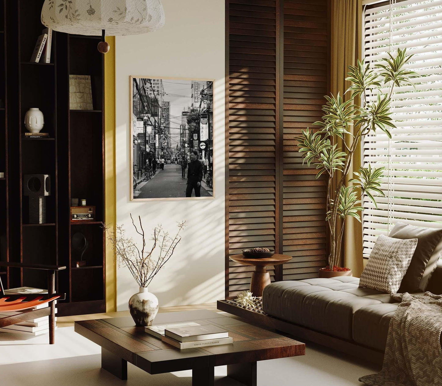 A sunlit living room with modern decor, wooden furniture, plants, and the Echoes of Osaka Black and White wall art.