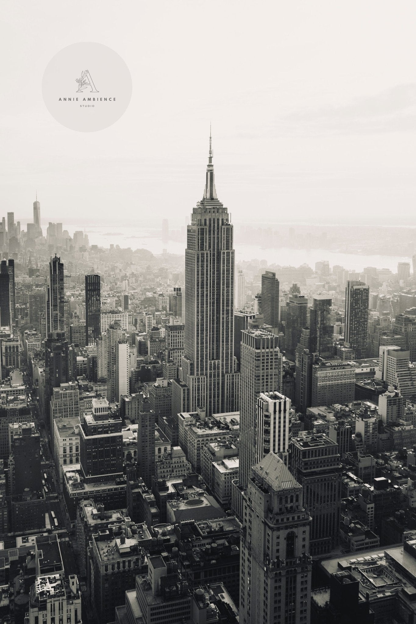 A black and white aerial view of a city skyline dominated by the Empire State Building.