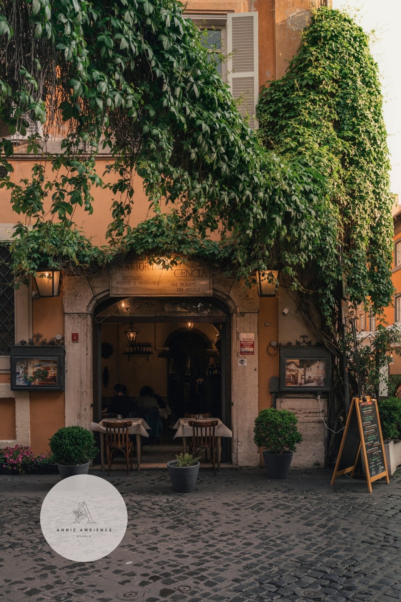 The European Charm - Set of 3: foliage-lined entrance, alfresco tables, and chalkboard menu on a cobblestone street.