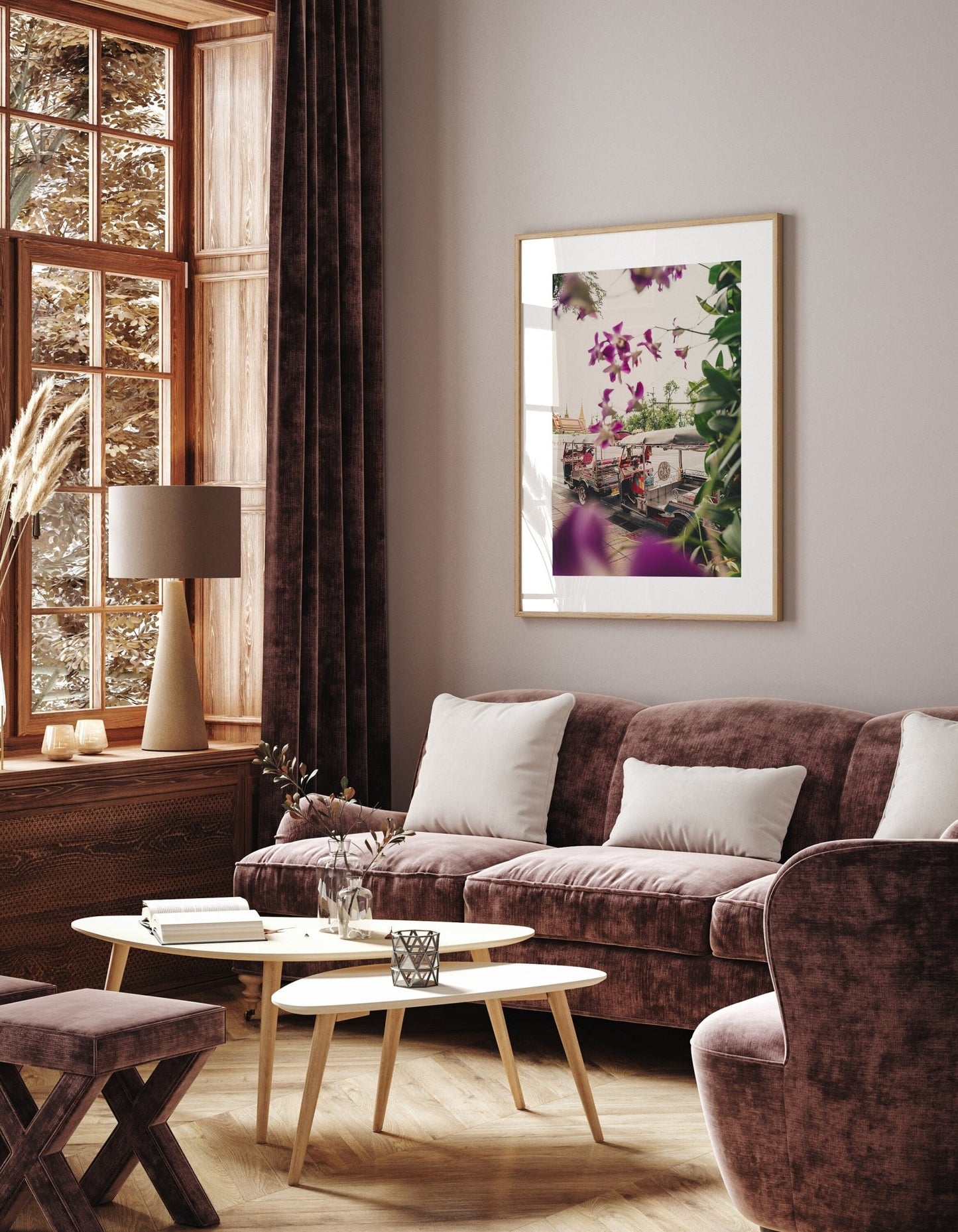 Cozy living room with a plush brown sofa, wooden coffee tables, brown curtains, and Floral Tuktuk wall art.