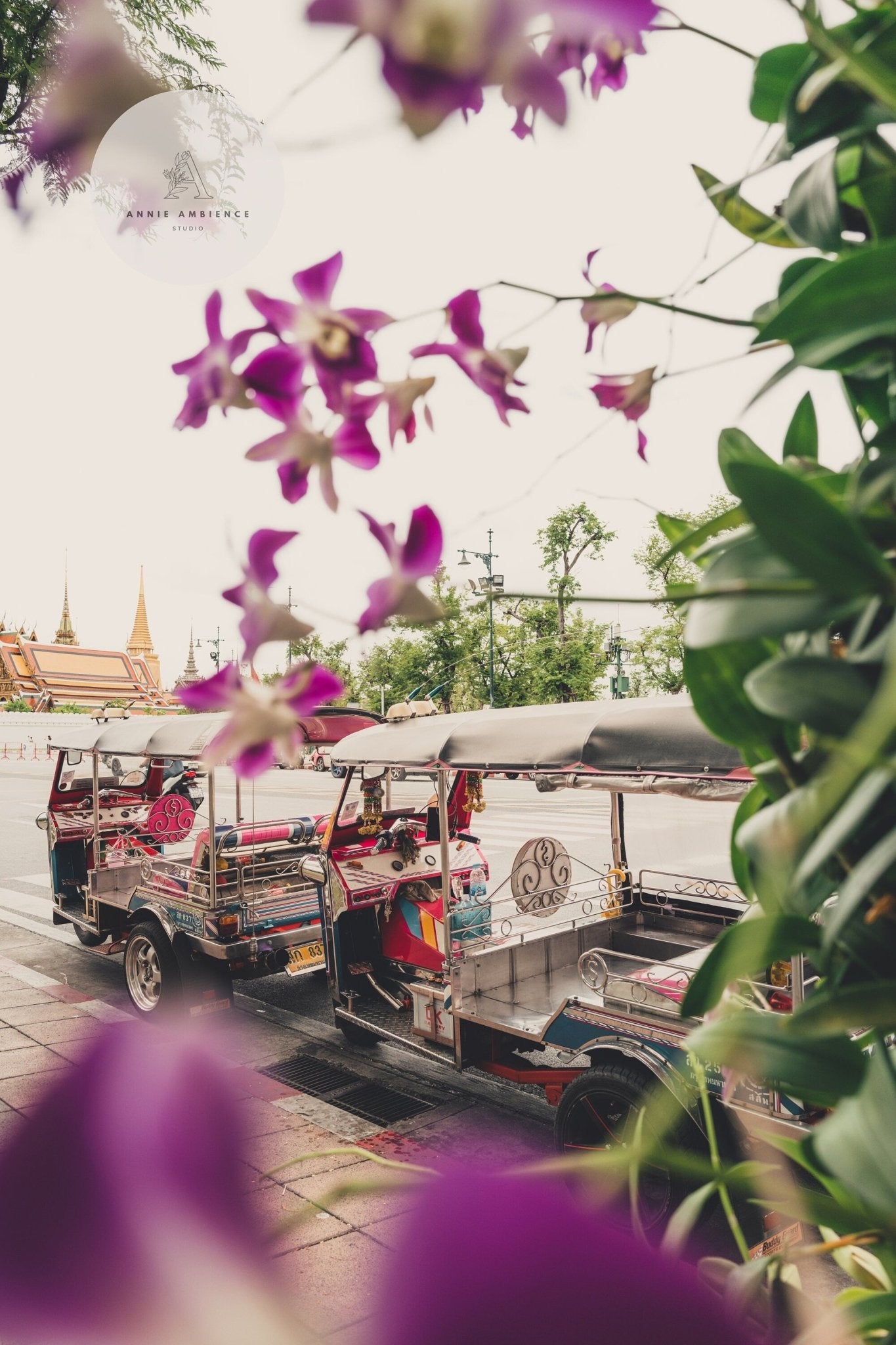 Two Floral Tuktuks parked on a street, bordered by vibrant purple flowers and traditional buildings in the background.