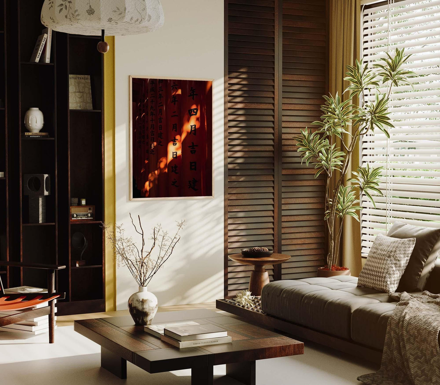 Cozy living room featuring a wooden table, sofa, plant, and a large window with blinds filtering sunlight. The wall art includes Fushimi Inari Taisha II.
