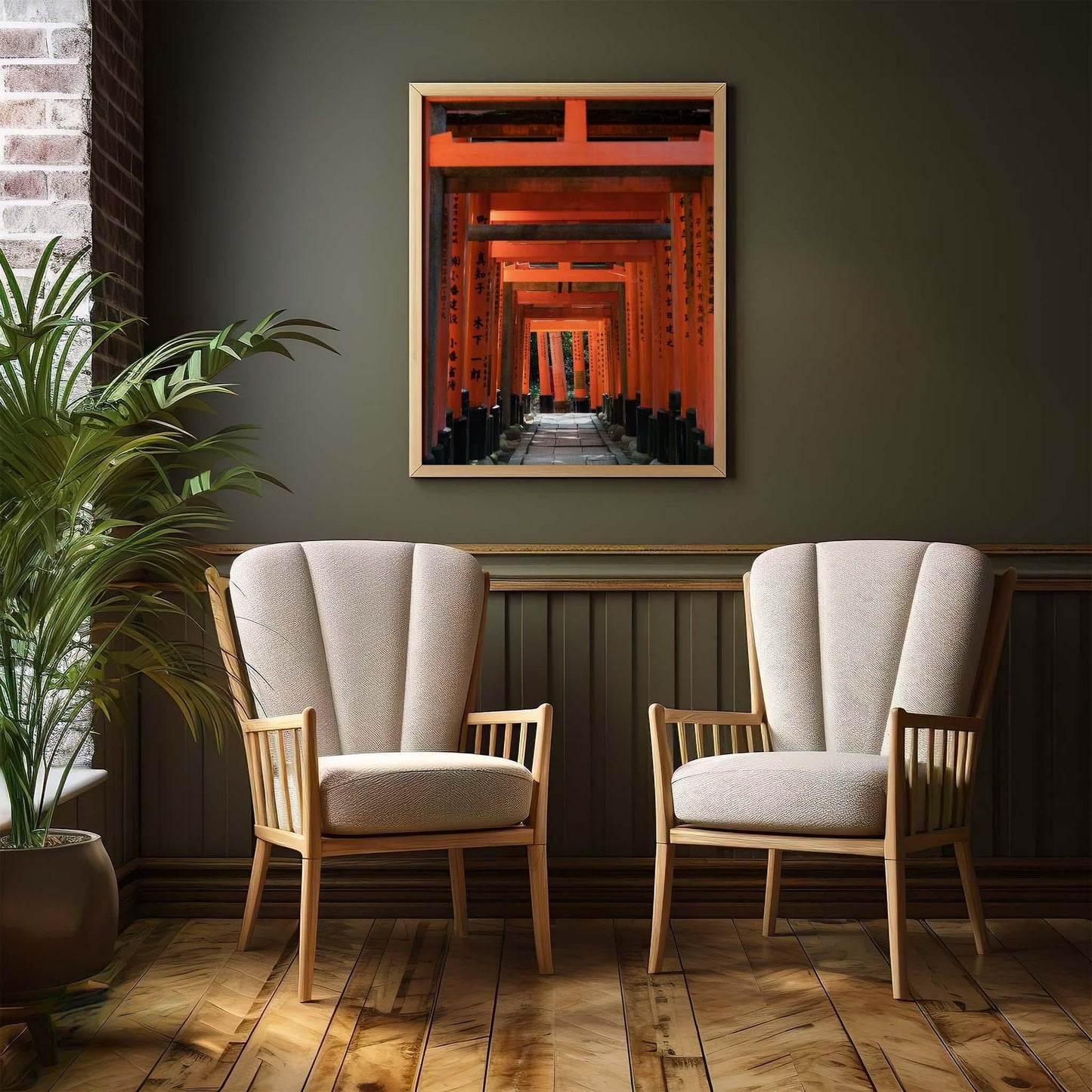 Two chairs in a cozy room with a framed photo called Fushimi Inari Taisha III on the wall.