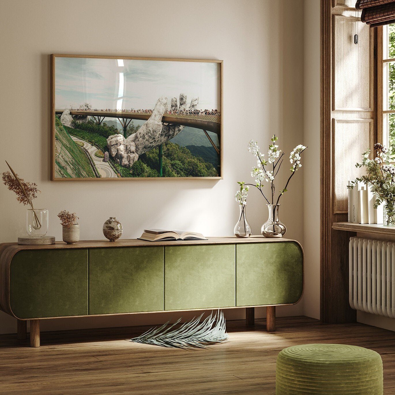 A room featuring Golden Hand Bridge II art, a green sideboard, floral vases, and a window with wooden blinds.