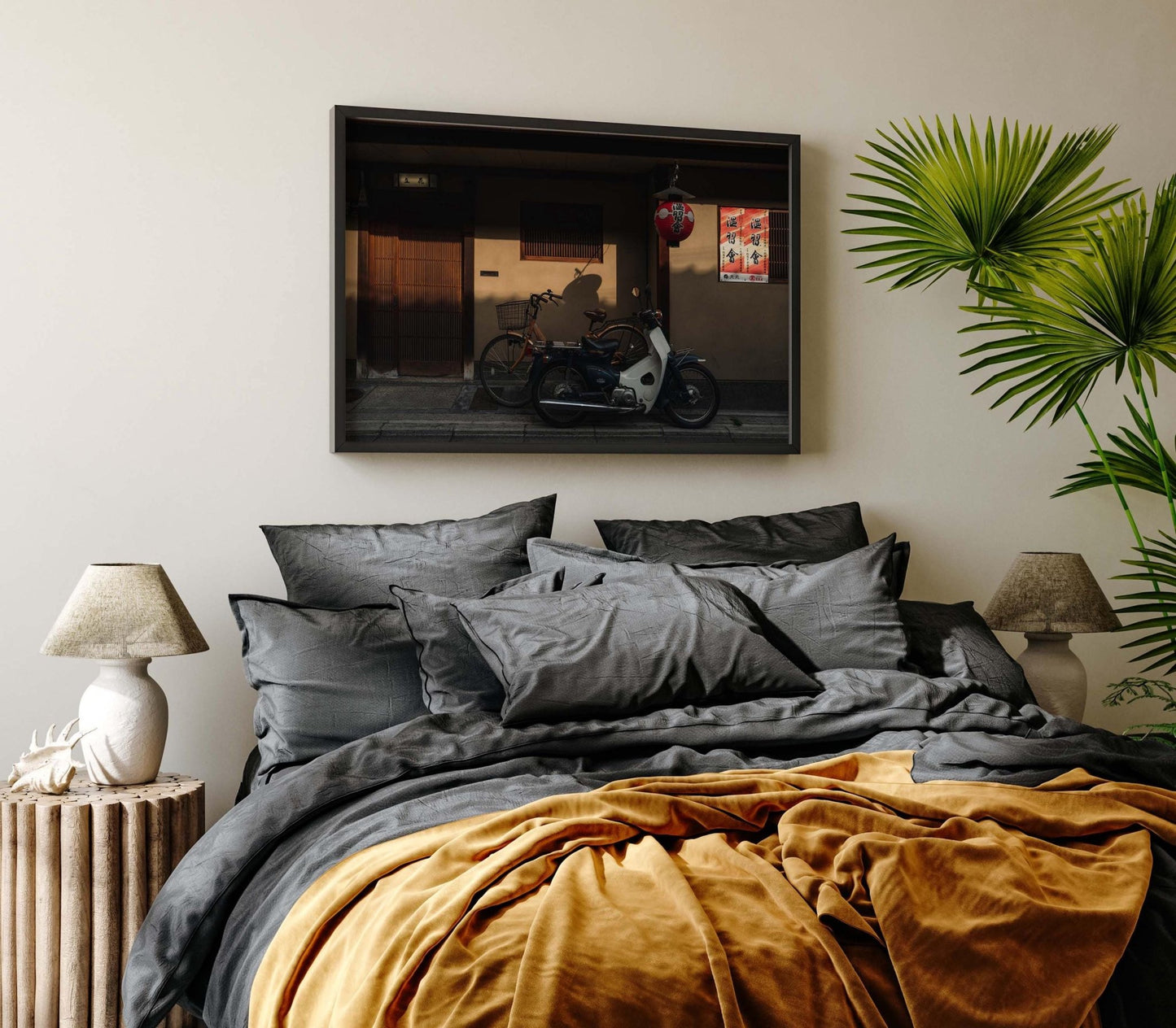 Cozy bedroom featuring the Golden Shadow bed, modern lamps, a potted plant, and a motorcycle picture on the wall.