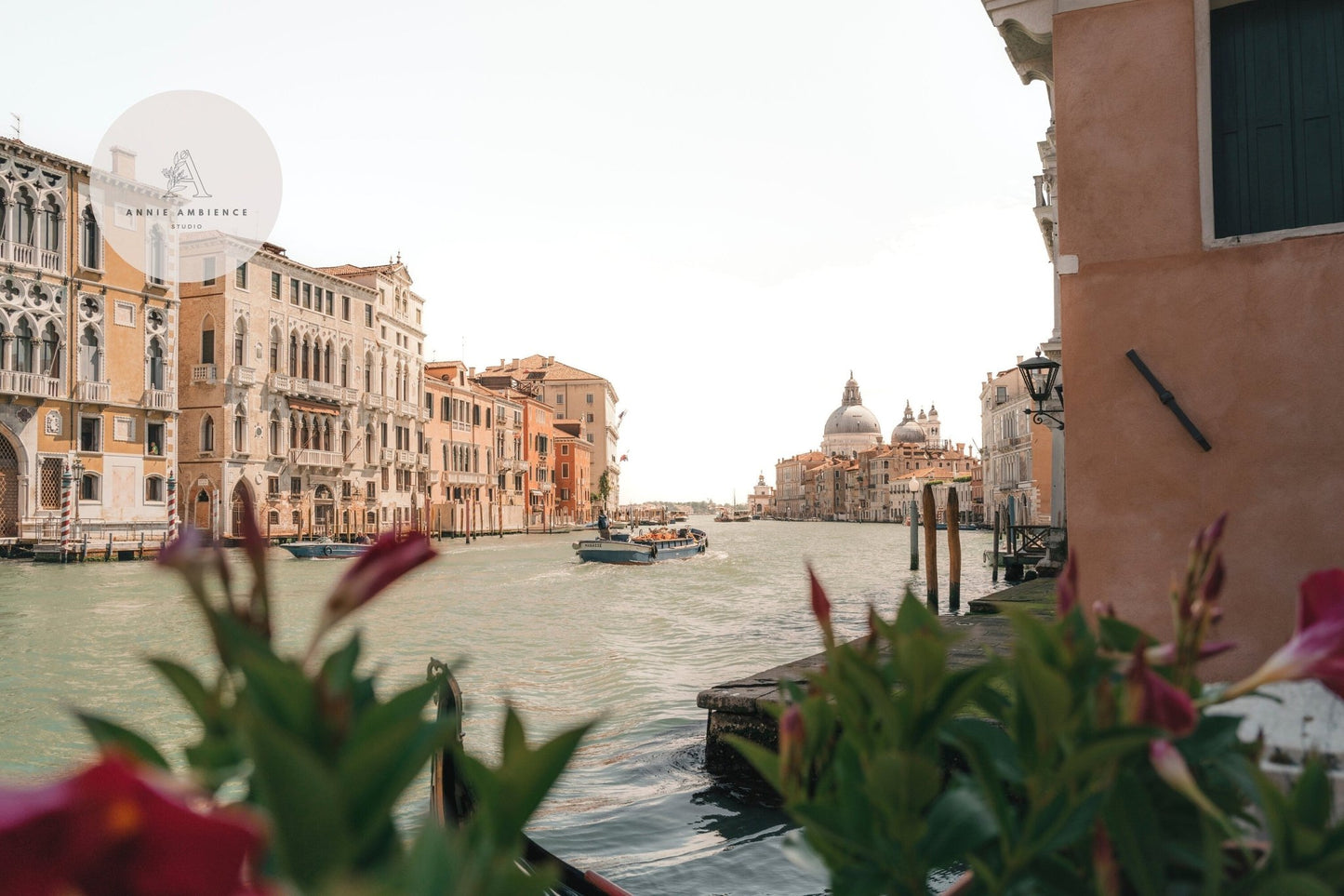 View of the Grand Canal in Venice with historic buildings, a boat, and flowers in the foreground.