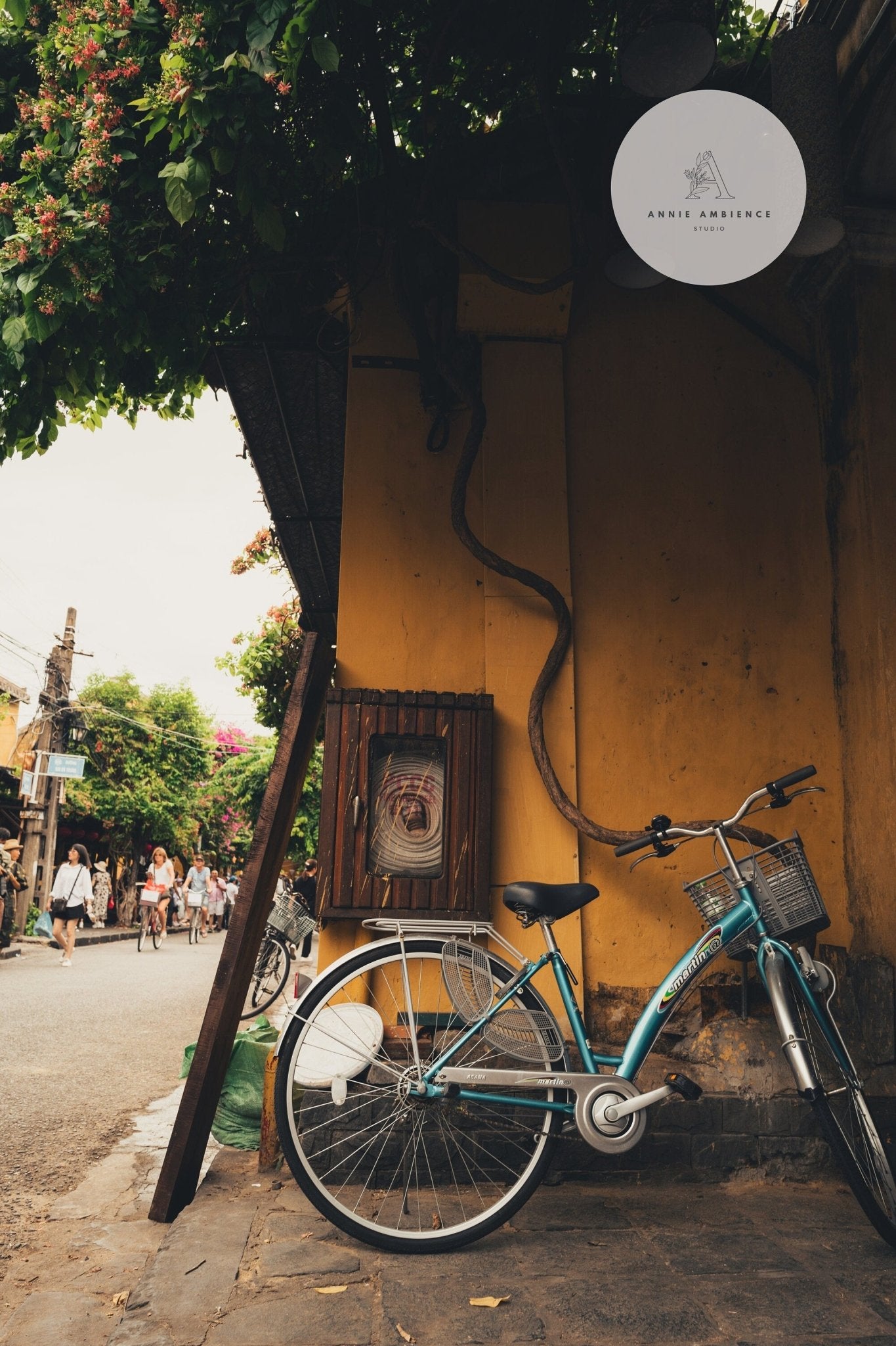 Hoi An Bike leaning against a yellow wall on a vibrant street with flowers and people in the background.