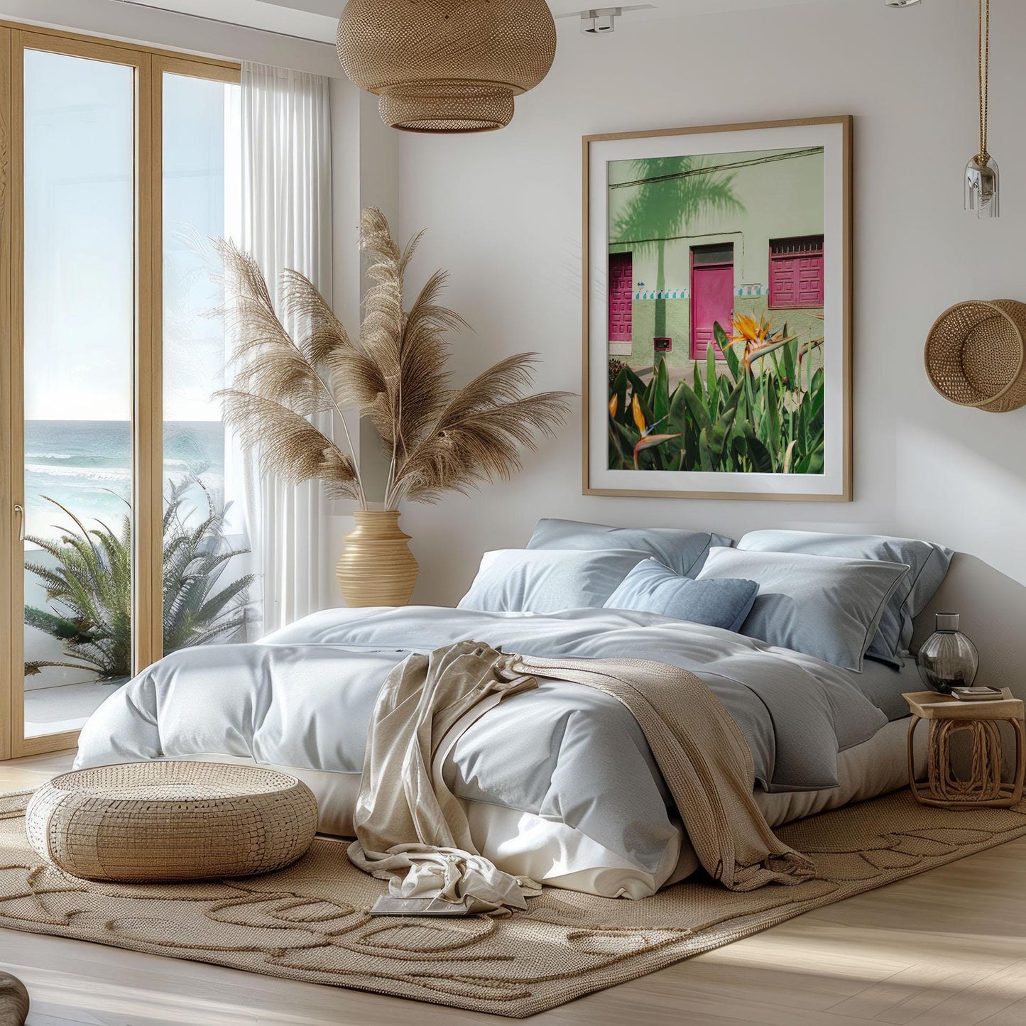 A cozy coastal bedroom featuring Hot House Paradise tropical art, light bedding, beach decor, and large windows.