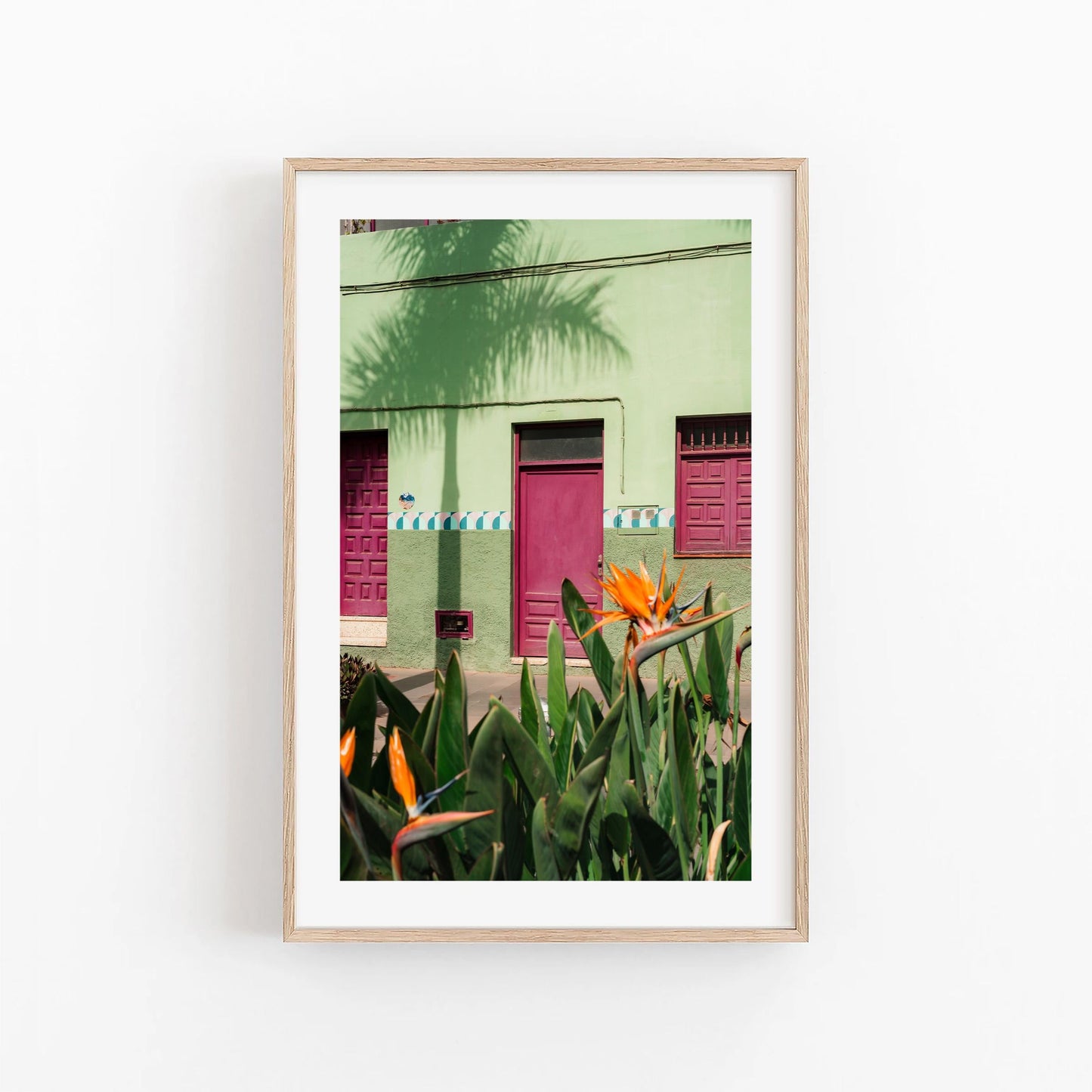 Framed Hot House Paradise photo: green building with pink doors, orange flowers; displayed on a white wall.