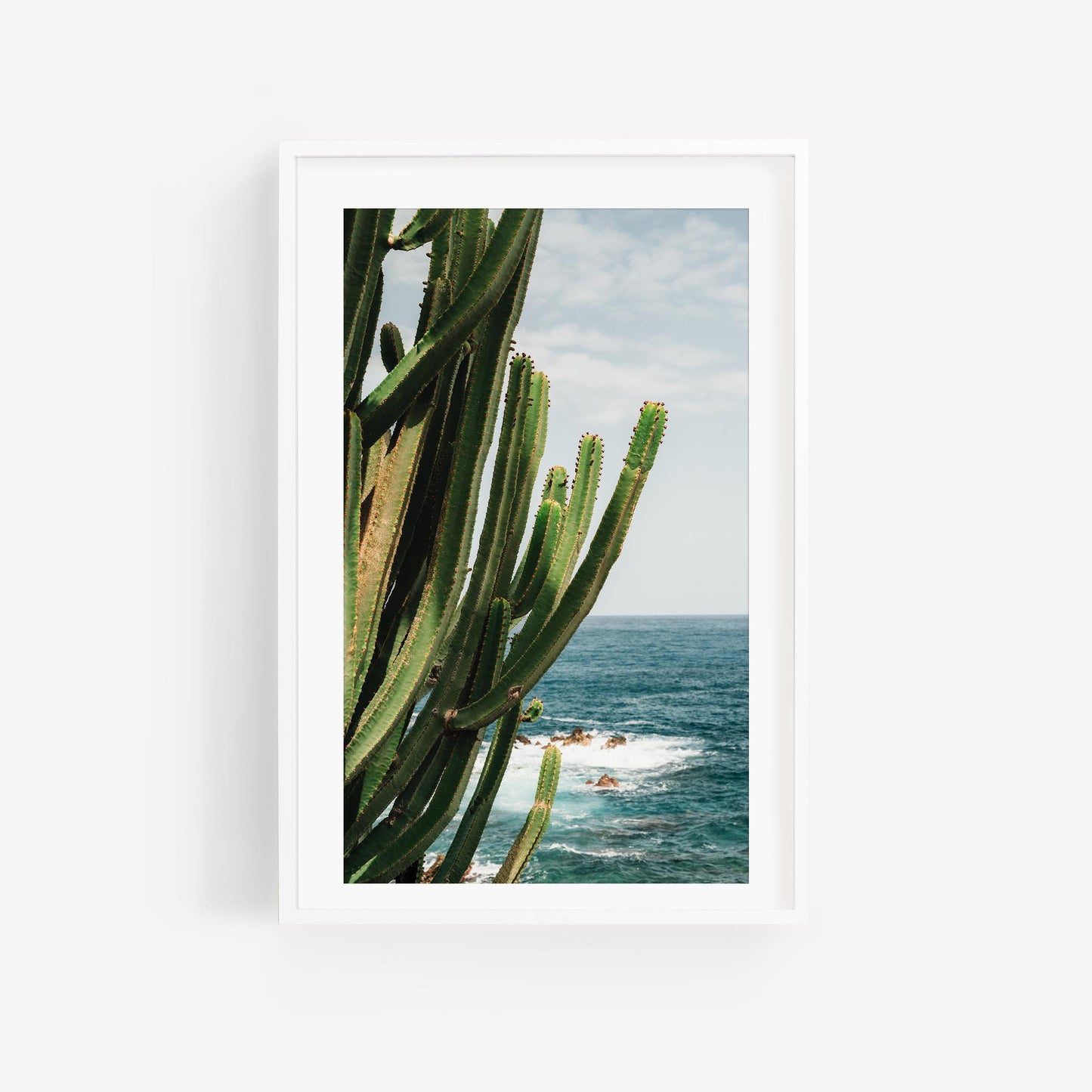 Set of 3 framed photos: Cactus in the foreground with ocean and partly cloudy sky, Puerto de la Cruz.