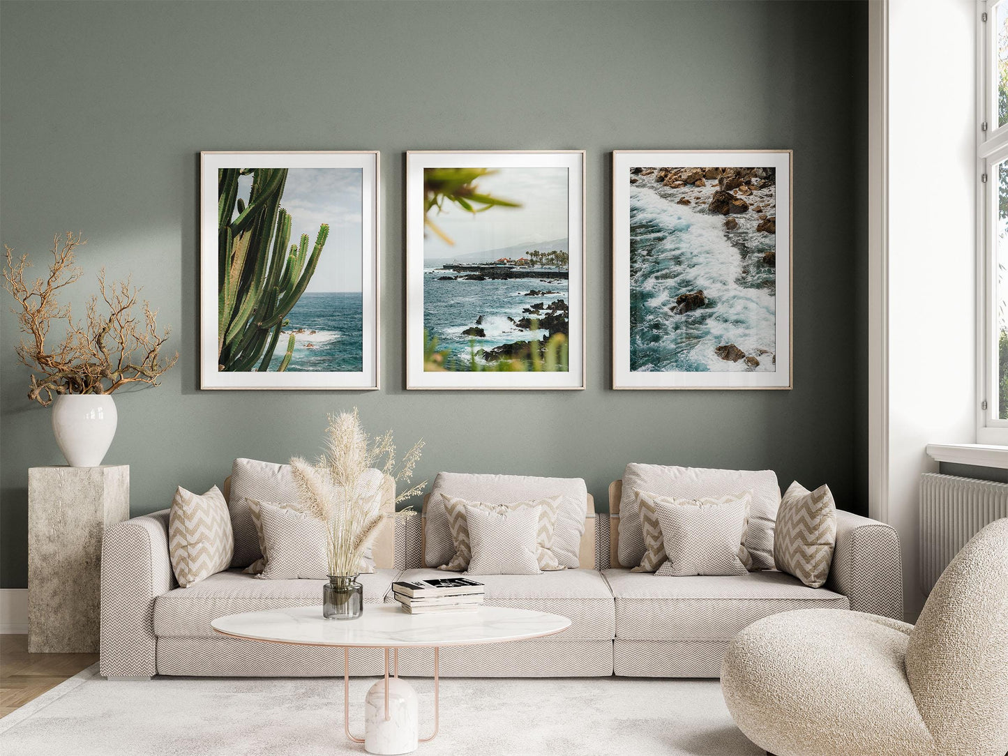 Modern living room with a beige sofa, neutral decor, and Puerto de la Cruz - Set of 3 photos on a green wall.