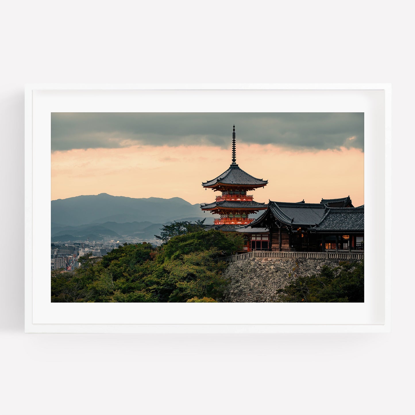 Kiyomizu-dera Sunset II: A Japanese pagoda atop a hill at sunset, with mountains and city in the background.