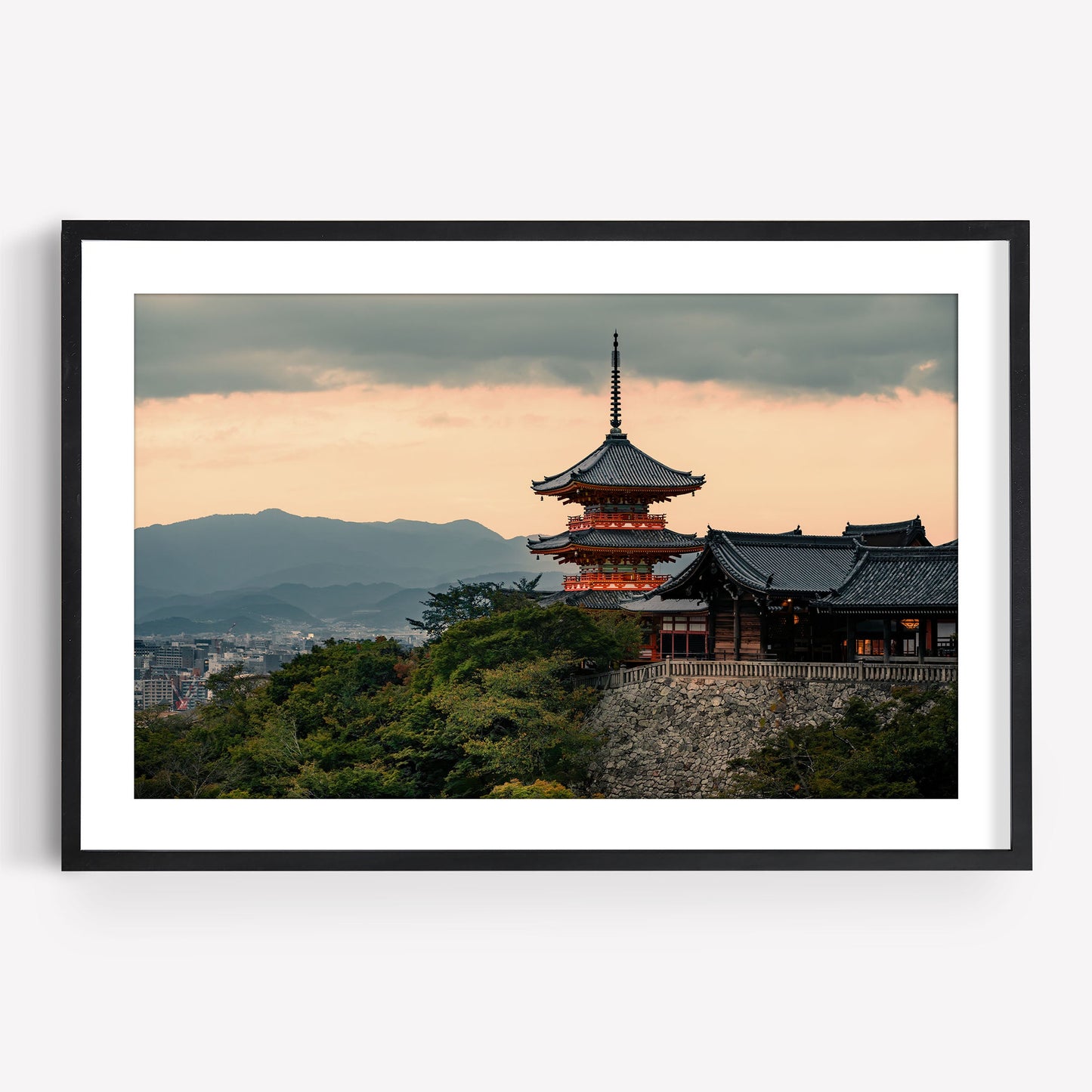 Framed photo, "Kiyomizu-dera Sunset II": traditional Japanese temple on a hill at sunset with mountains behind.