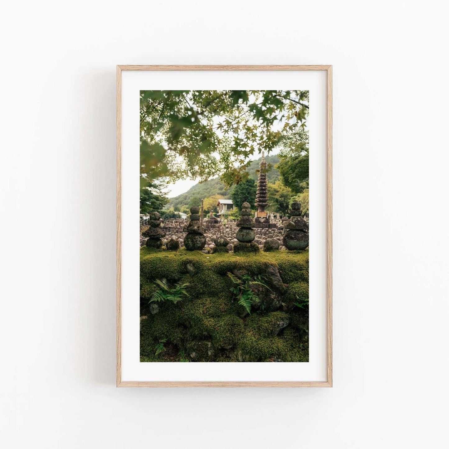 Framed Kyoto Zen set of 3 photos featuring a serene garden with mossy stones, tiered pagoda, greenery, and hills.