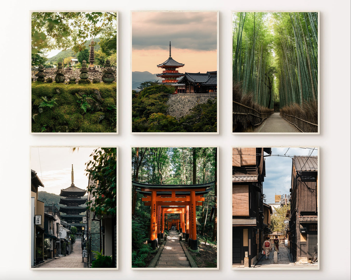 Kyoto - Set of 6: A collage featuring temples, bamboo forest, torii gates, and traditional Japanese streets.