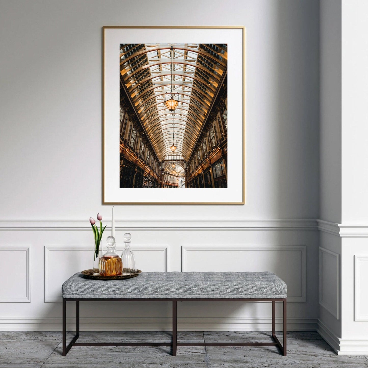 Elegant hallway with the Leadenhall Ceiling, featuring ornate details, a framed art piece above a bench.