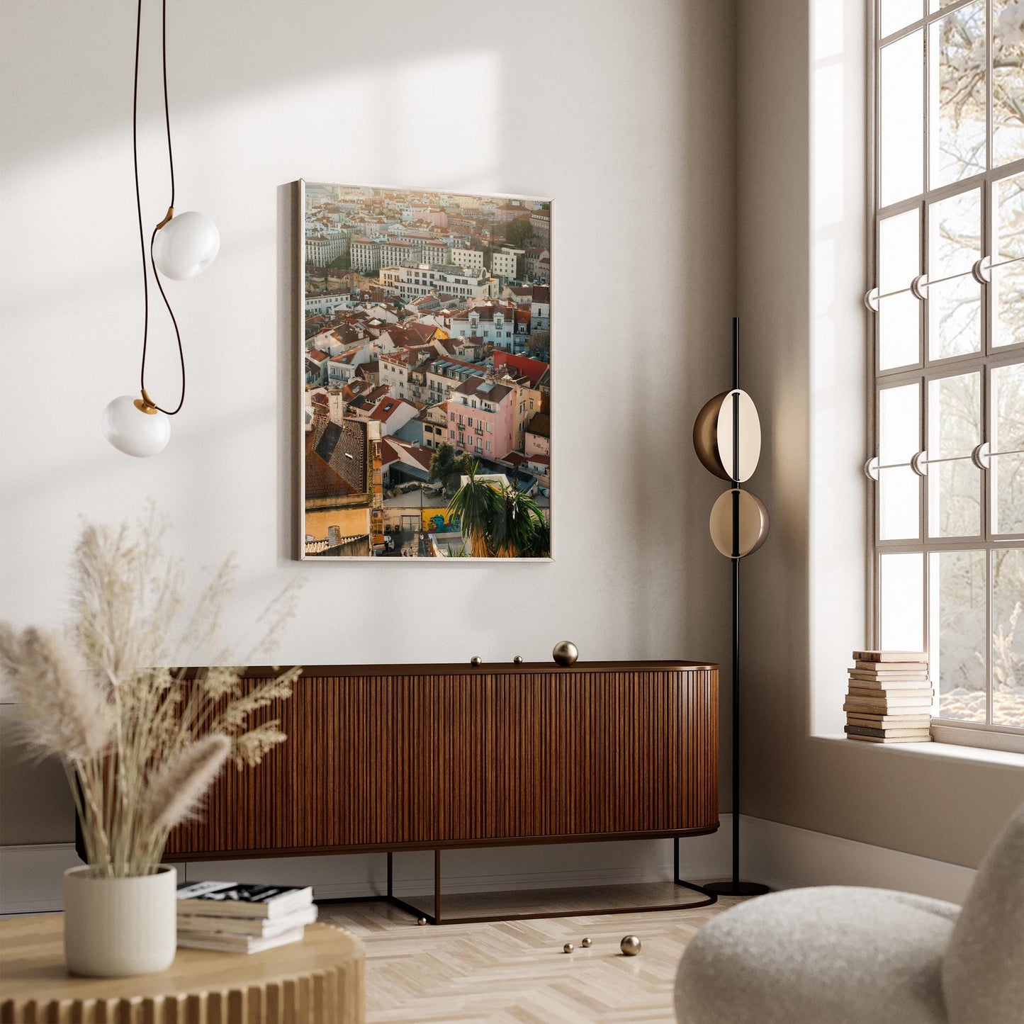 Minimalist living room featuring the Lisbon Layers wooden sideboard, modern decor, and a cityscape painting by the window.