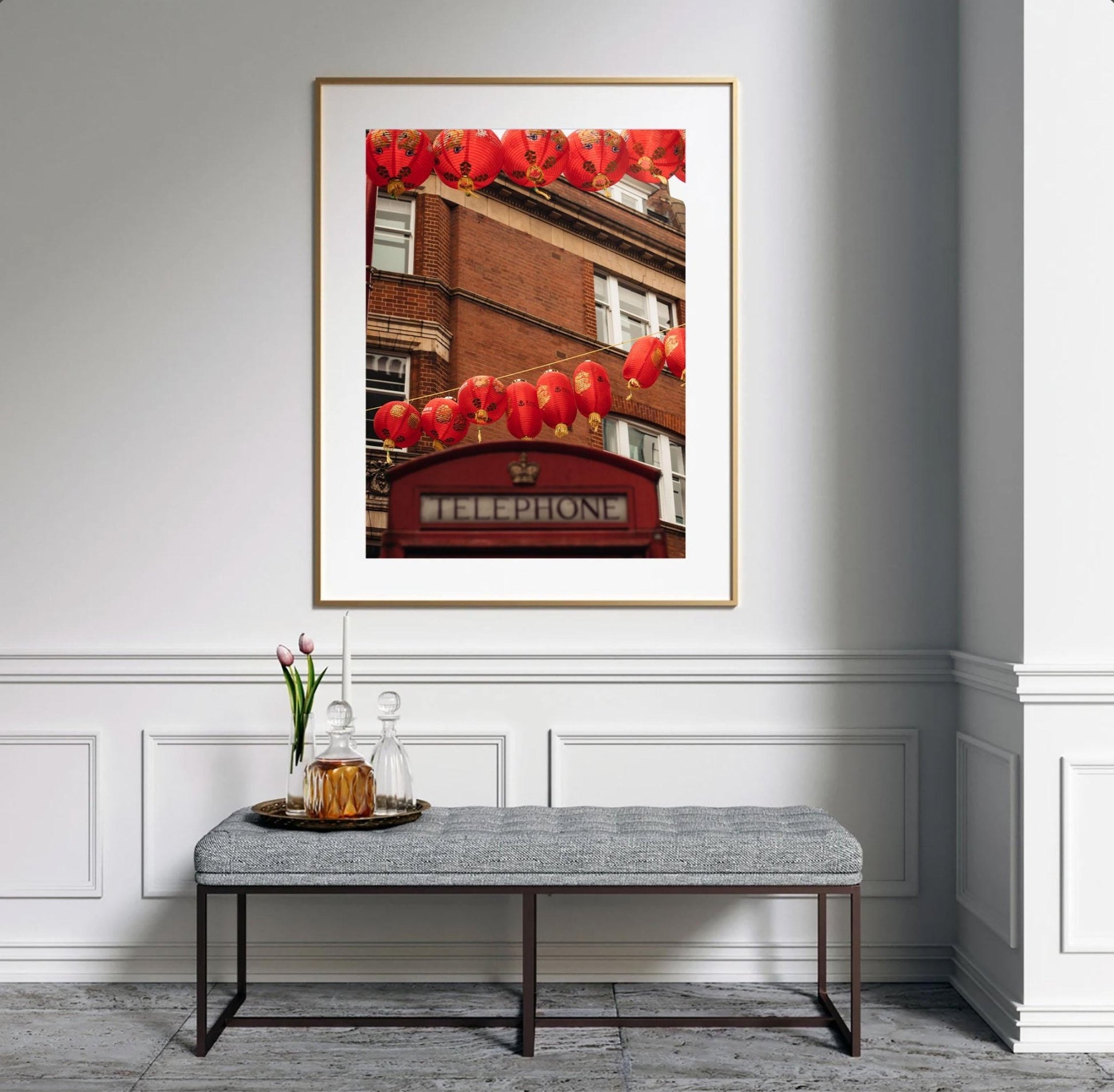 London Chinatown photo featuring red lanterns and a phone booth, perfect for display above a bench with decor.