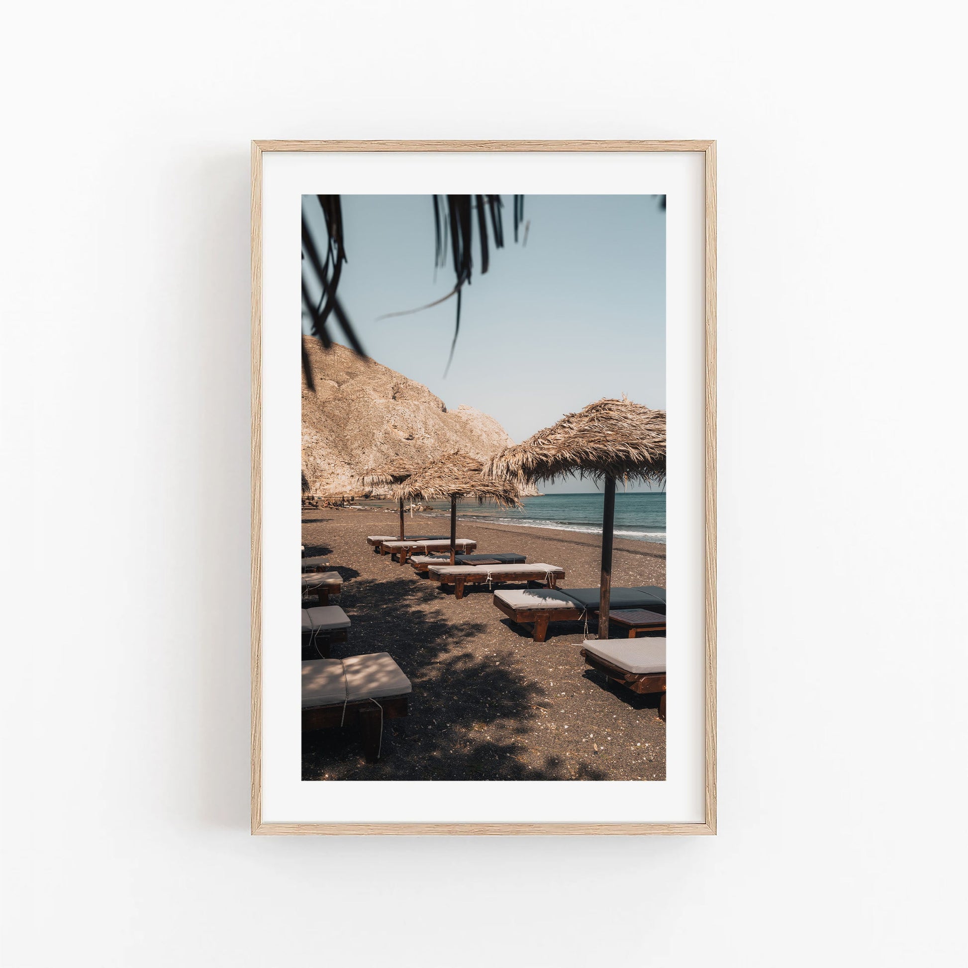 Set of 3 framed photos, Mediterranean Coast, featuring beaches, straw umbrellas, lounge chairs, and rocky cliffs.