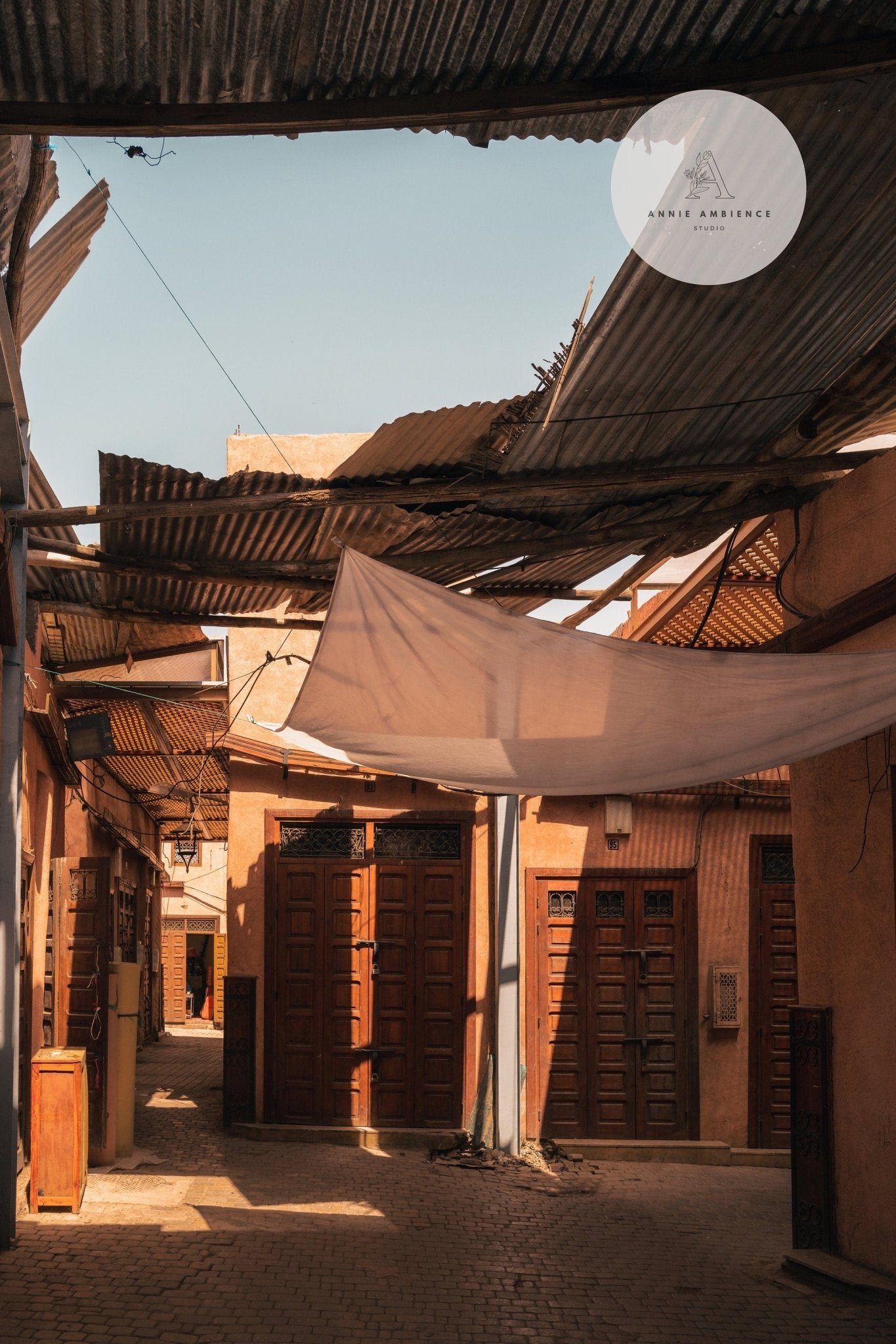 Morning Shadow: Corrugated metal roofs and fabric sheets cover a narrow alley with wooden doors and brick walls.