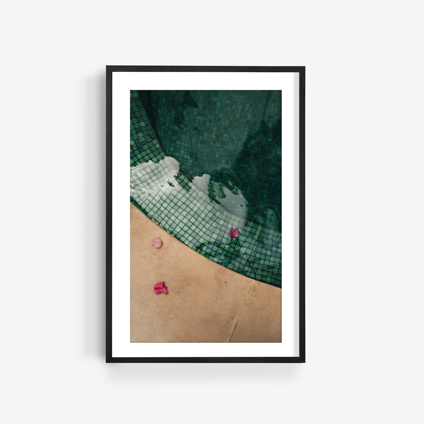 Framed Moroccan Pool photo features rose petals floating in a tiled pool against a white background.