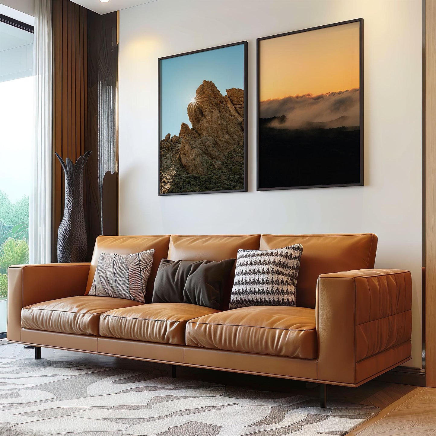 Tan leather sofa with patterned pillows, modern decor, and Mount Teide Reverie - Set of 2 photos displayed above.