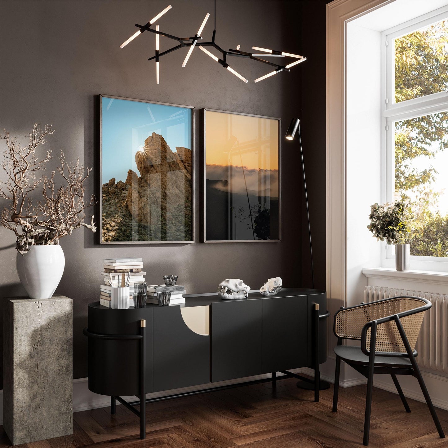 Modern living room with Mount Teide Reverie - Set of 2 wall art, black sideboard, chair, and sunny large window.
