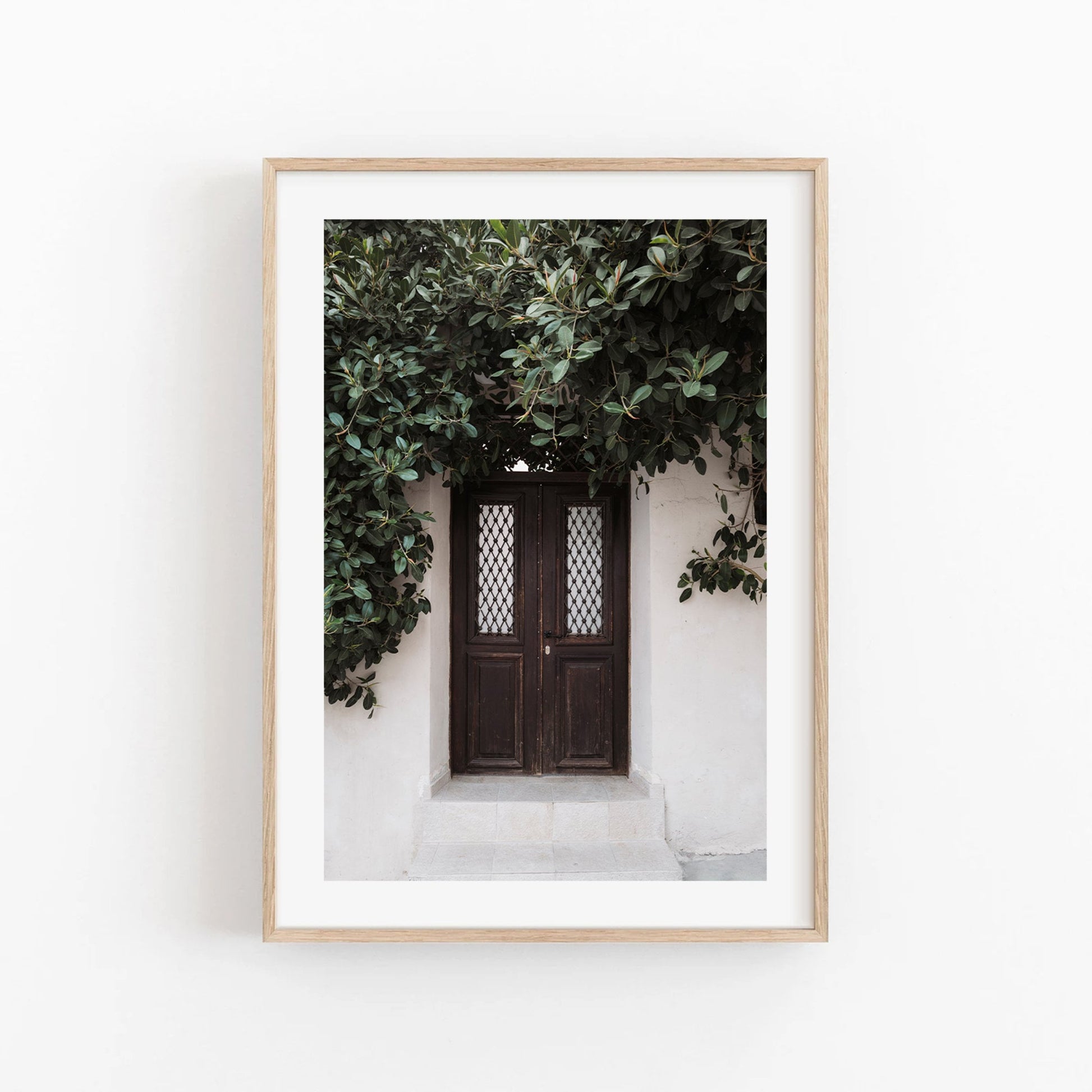 Natures Door photo: A rustic wooden door amid lush green leaves against a light wall.