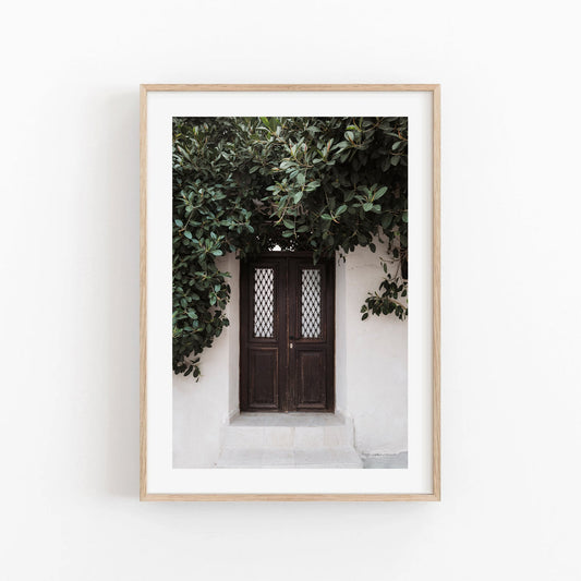 Natures Door photo: A rustic wooden door amid lush green leaves against a light wall.