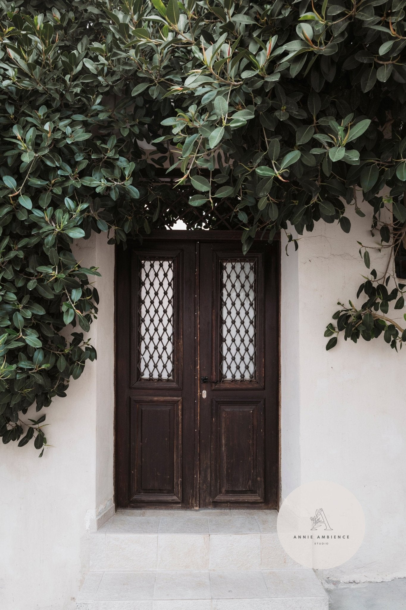 Natures Door, a wooden door with glass panes, is framed by lush green vines against a white wall.
