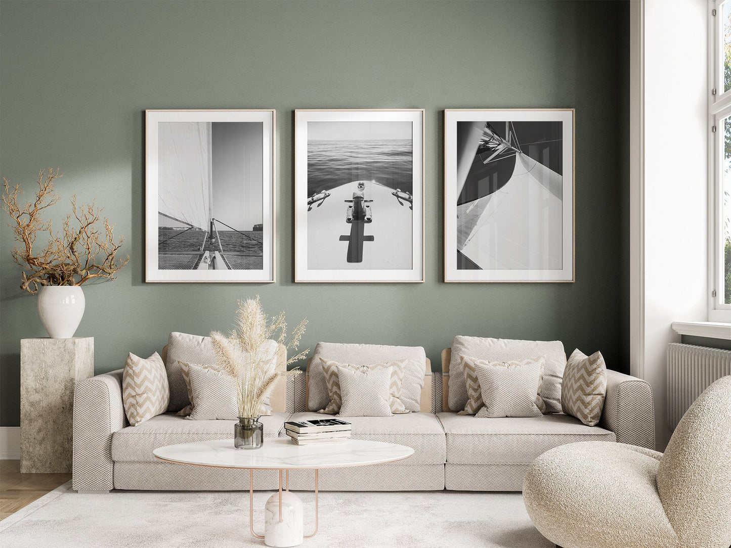 Modern living room with beige sofa, cushions, and Nautical Elegance Black and White - Set of 3 on a green wall.