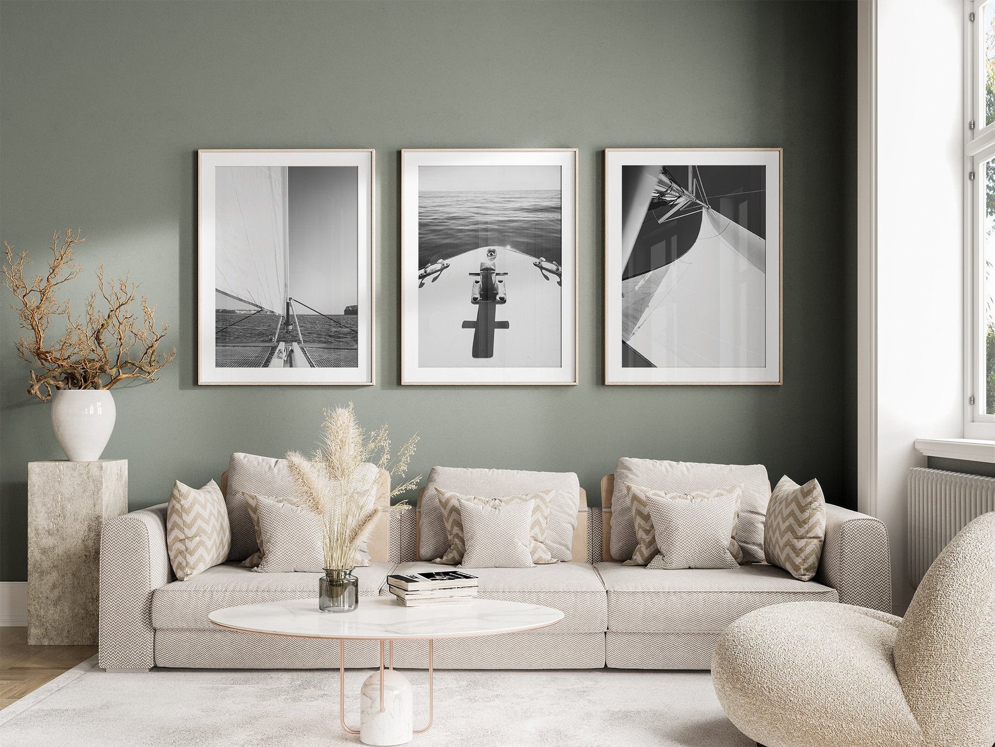 Modern living room with beige sofa, cushions, and Nautical Elegance Black and White - Set of 3 on a green wall.