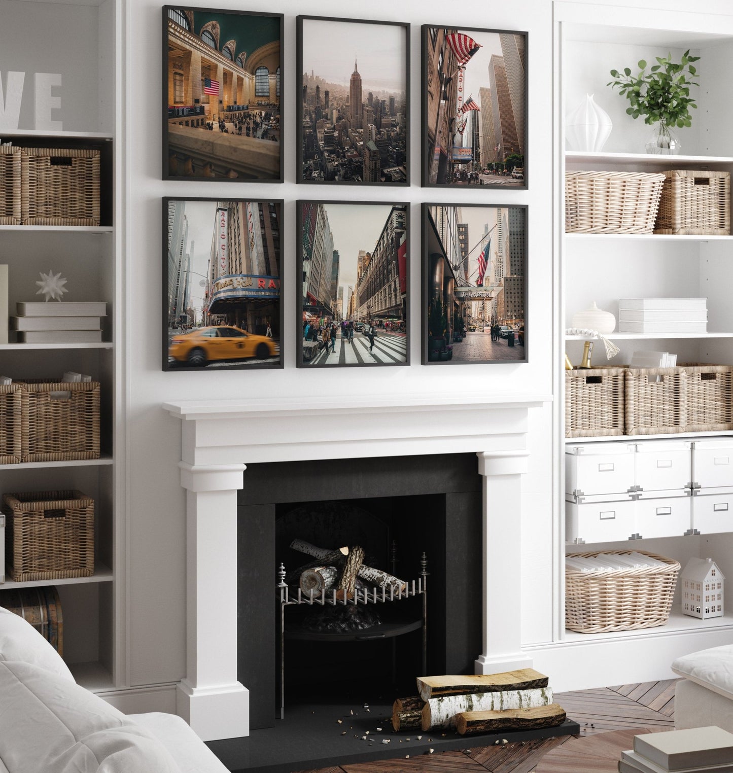Living room with a white fireplace, black interior, NYC Midtown wall art set of 6, and shelves with baskets.