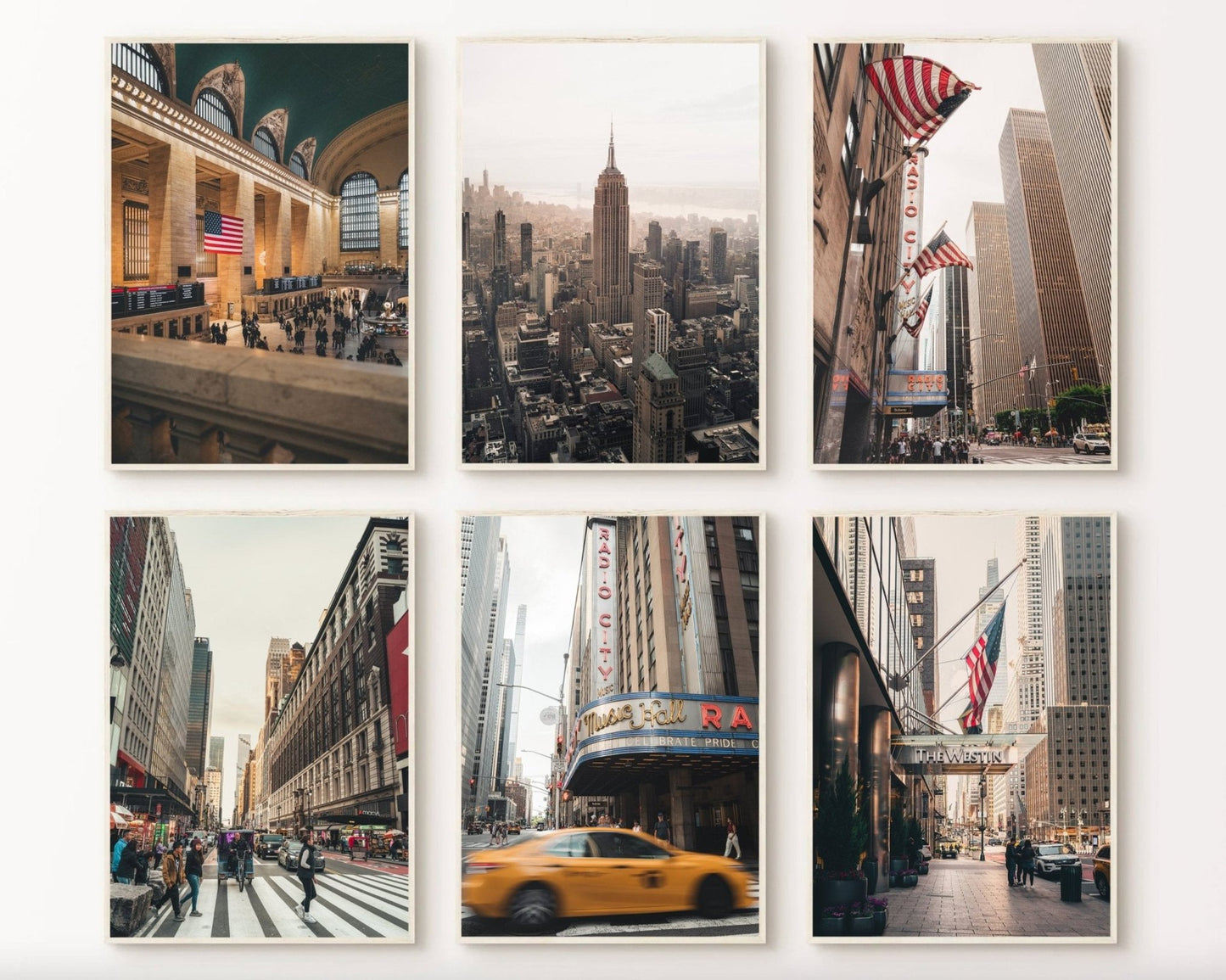 NYC Midtown - Set of 6: Grand Central, skyline, streets, yellow taxis, and American flags.