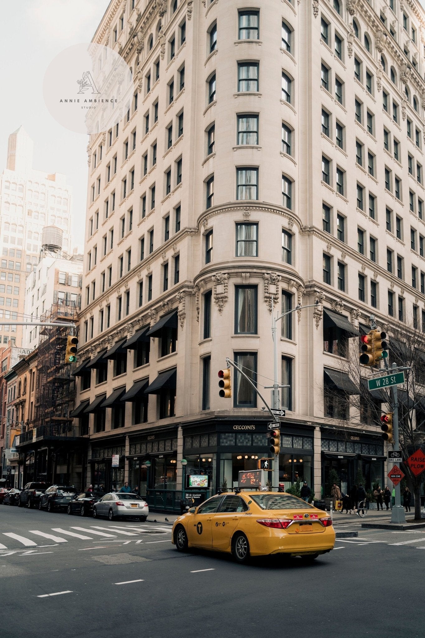 Set of 3: NYC taxis on city streets with historic buildings in the background.