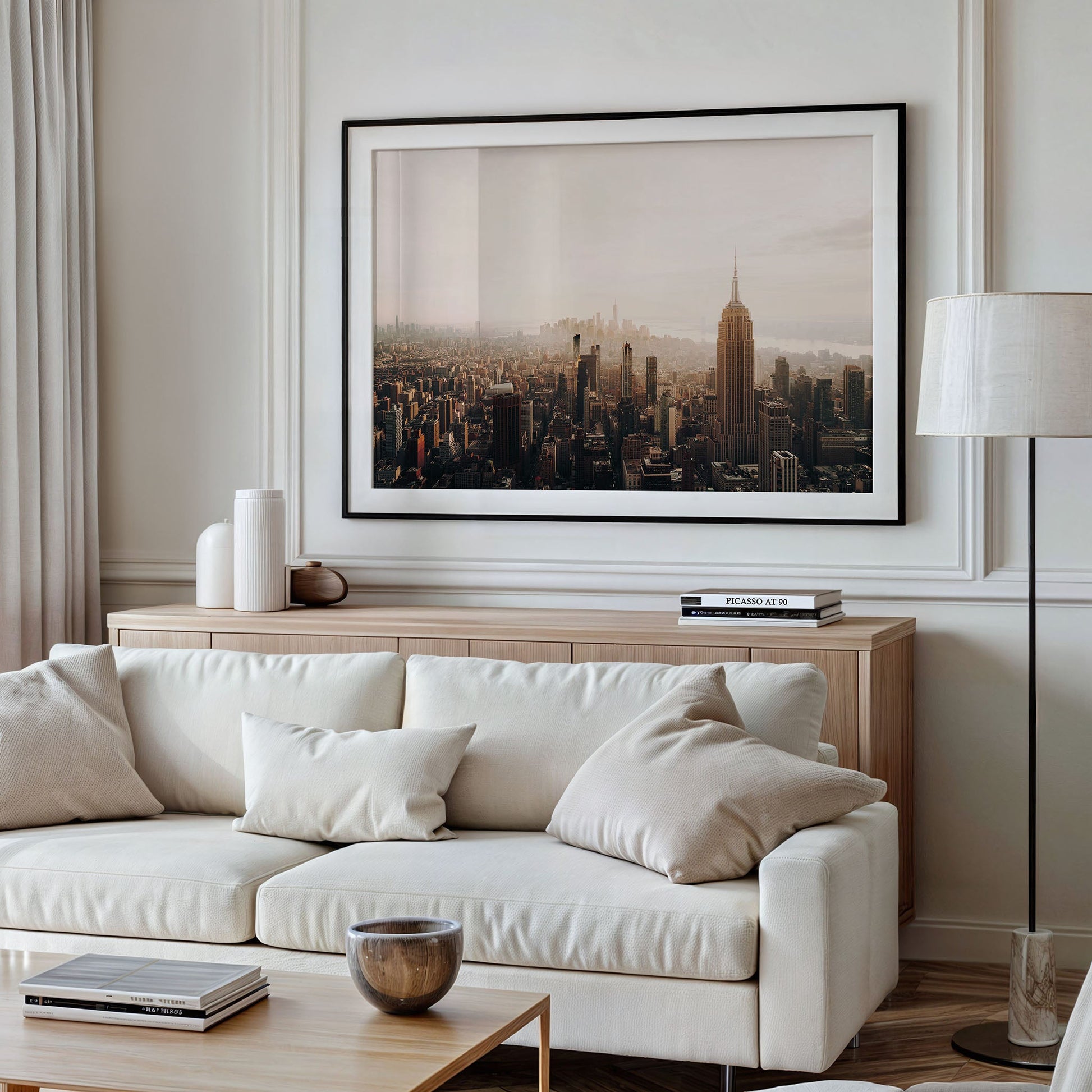 A modern living room with a white sofa, neutral decor, and the NYC Skyline Black and White photo above a wooden console.