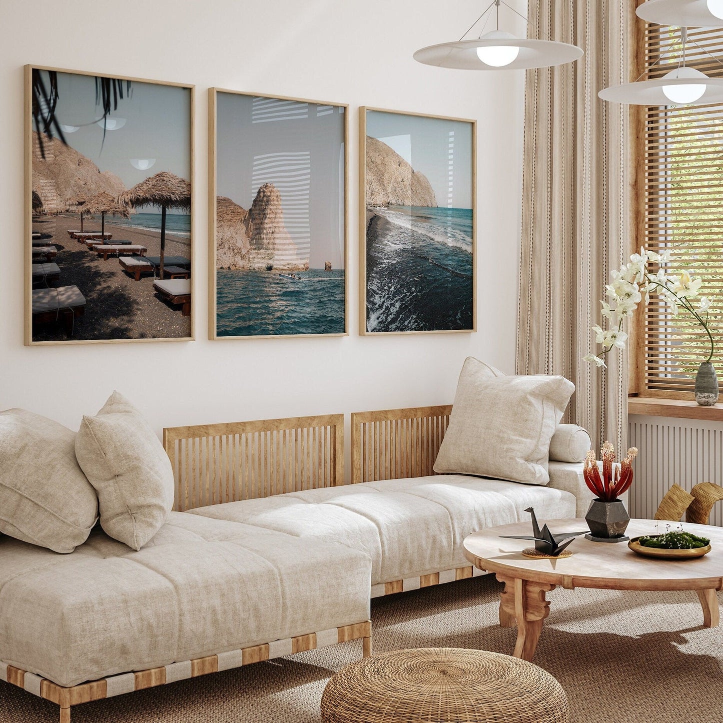 Cozy living room with beige sofa, wooden table, and Perissa photos. Natural light filters through blinds.