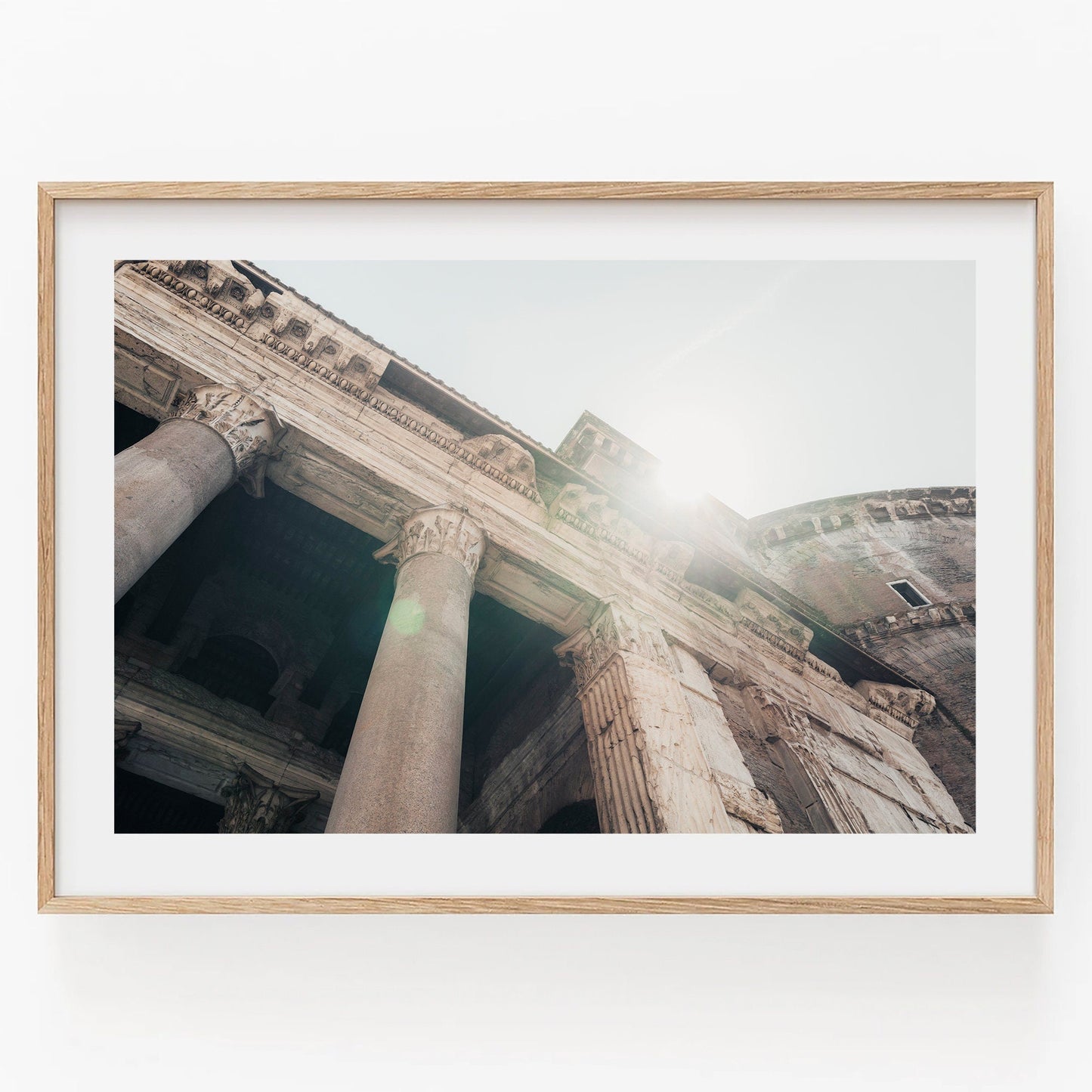 Framed photo of the Roman Pantheon I with columns and sky sunlight.