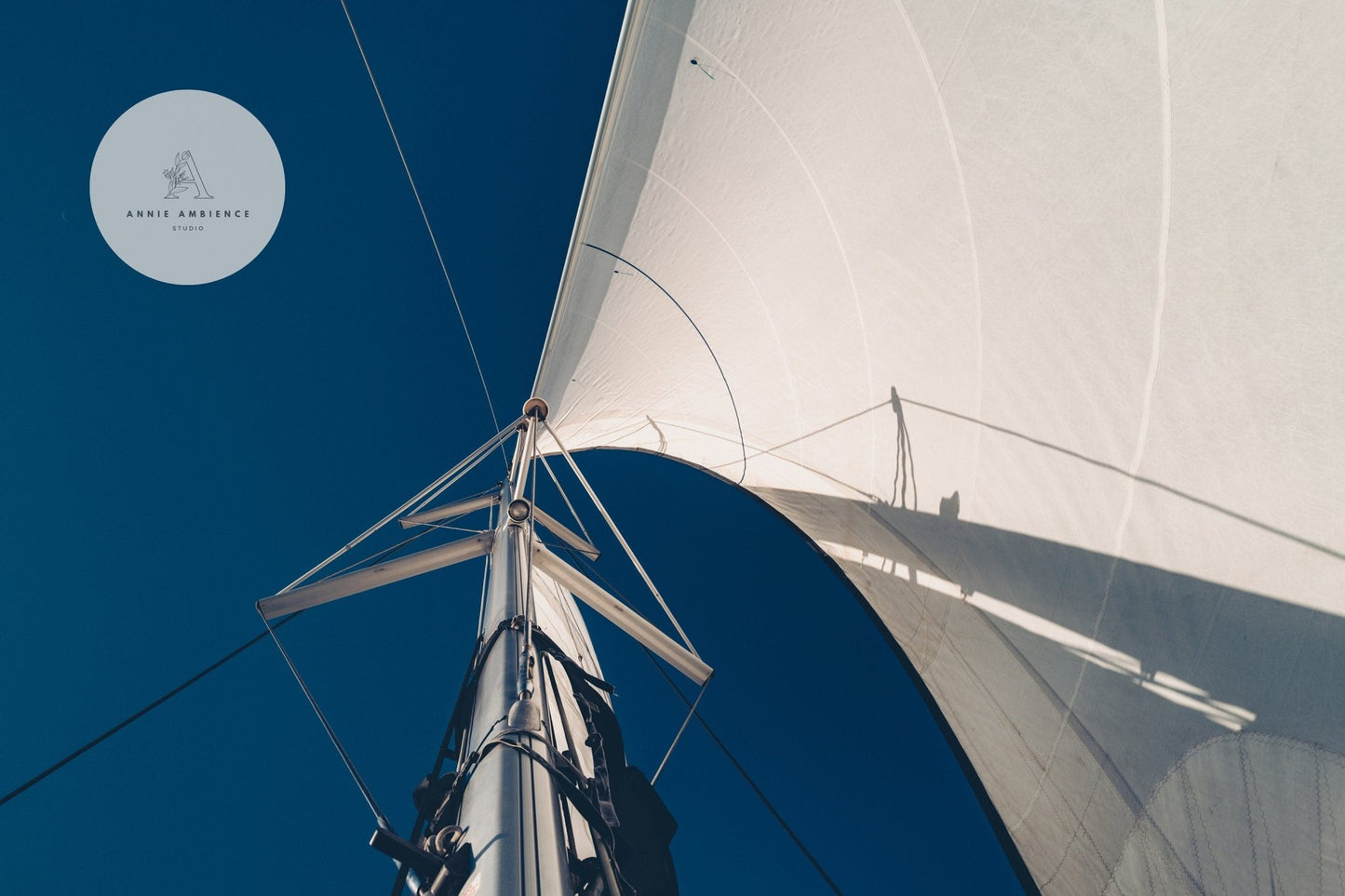 View from below of a Sailing Bliss sail on a boat mast against a clear sky, with its branding logo in the upper left corner.